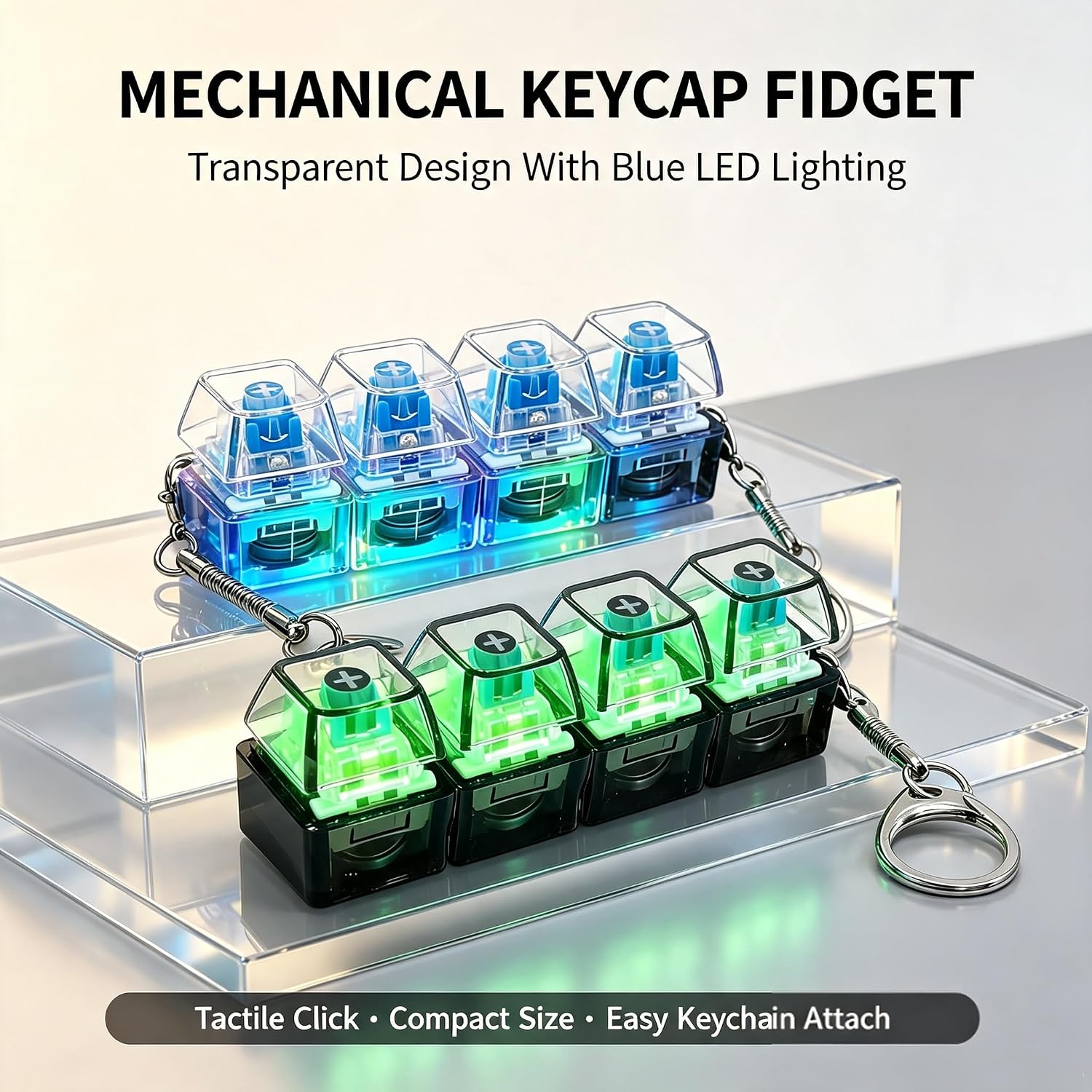 2pcs Keyboard Fidget Keychain, 2 Pack Keyboard Keycap Stress Relief with LED Light – 4-Key Portable Keychain Fidget Toy Transparent Keycap for Adults, Gift for Men Women (Black & White) image 5