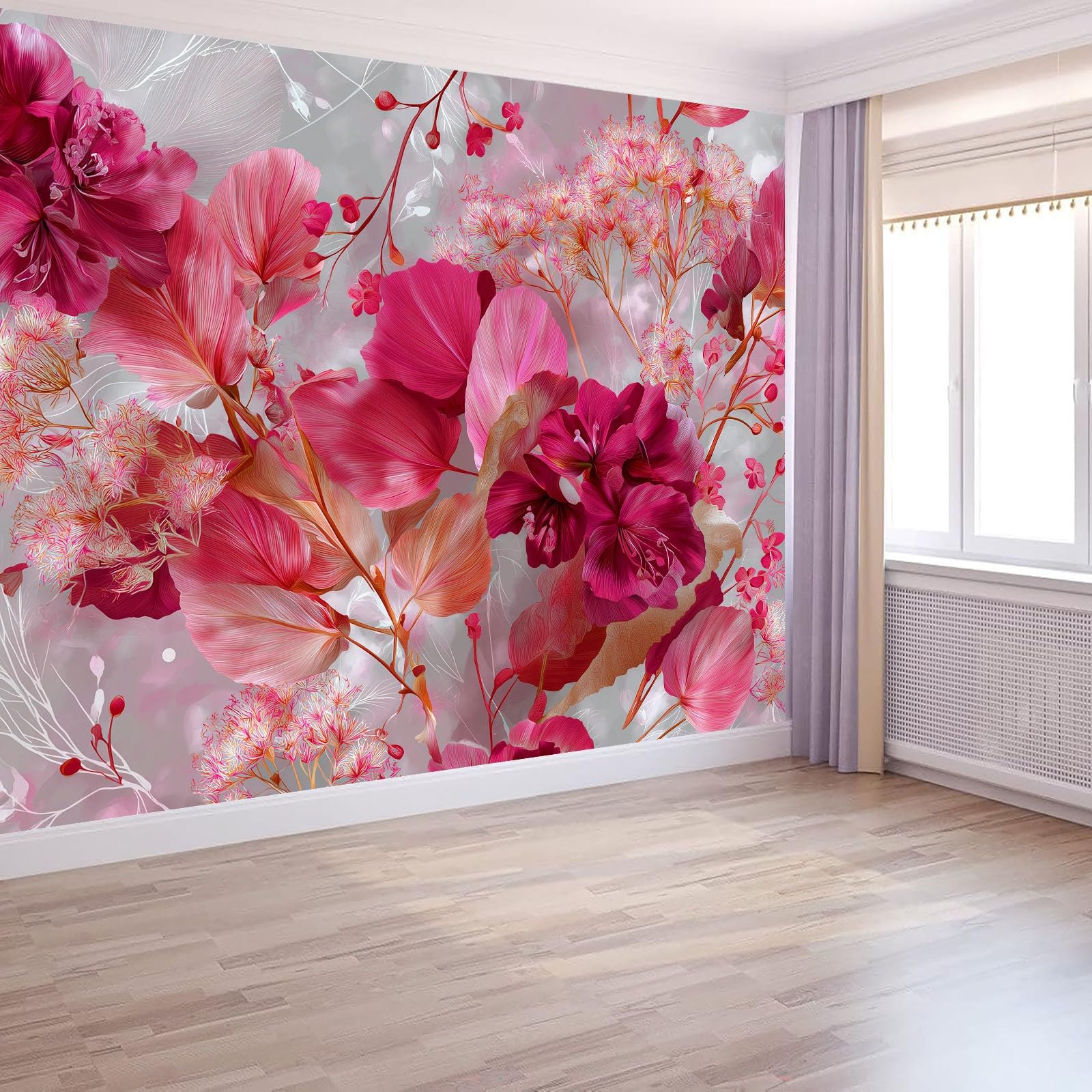 Panoramiczna tapeta w stylu boho (Boho) romantyczna bujne kwiaty liście ciemnoróżowa 200 x 140 cm - nowoczesny gobelin ścienny z włókniny do salonu, sypialni lub pokoju dziecięcego