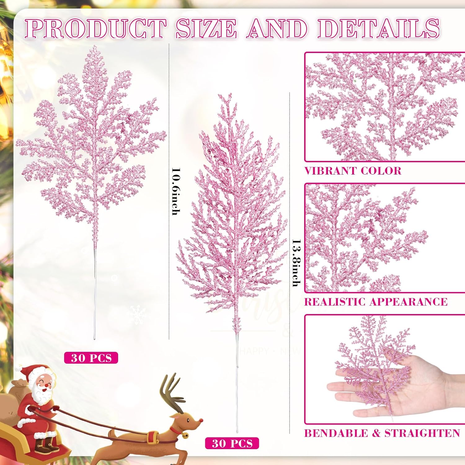 60 Pcs Christmas Tree Picks and Sprays, Glitter Stems and Artificial Glitter Pine Needles, Christmas Tree Filler Decorations for Xmas Trees Wreaths Vase DIY Holiday Party Wedding Home Decor(Pink)