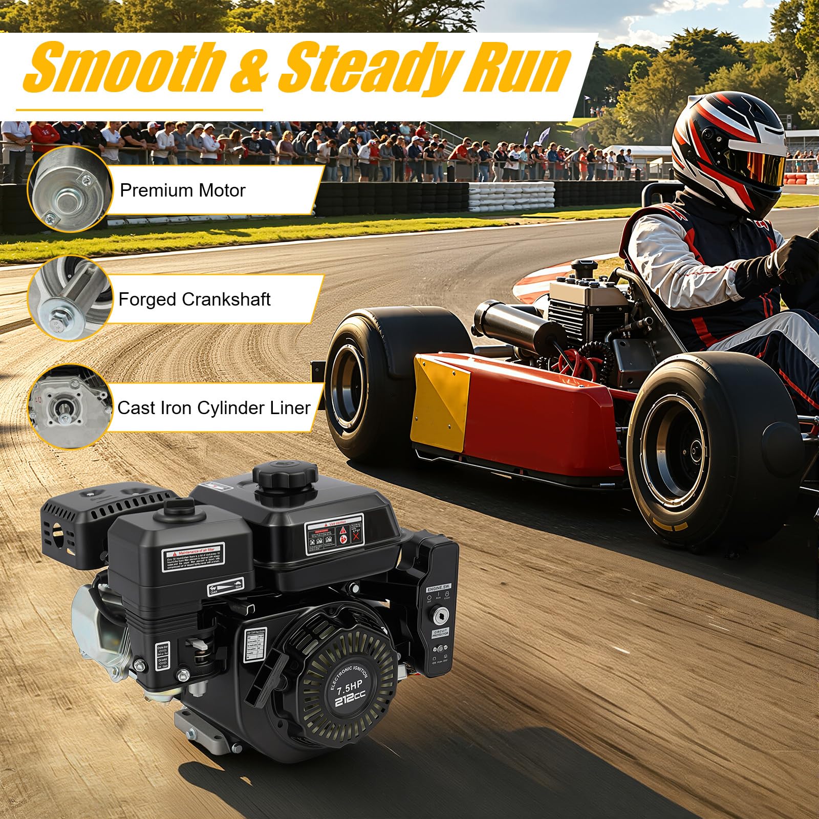 7,5 PS 4 Takt Benzinmotor, 212cc Standmotor Kartmotor, 3600 U/min Antriebsmotor mit 3,6L Tank, Elektrostart & Handstart, OHV Motor für Go-Kart Generator Hochdruckreiniger Industriemaschinen
