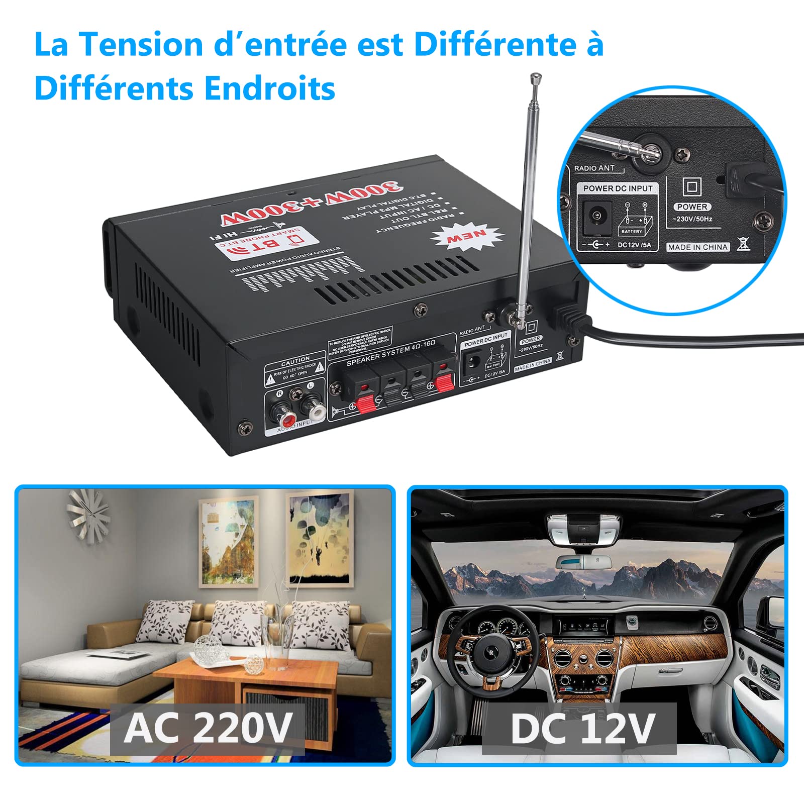 ESYNiC 300W + 300W Mini Amplificateur Audio Stéréo Bluetooth avec Télécommande Amplificateur Audio Numérique Portable HiFi pour Voiture Maison Hi-Fi Musique SD USB FM 12V / 220V