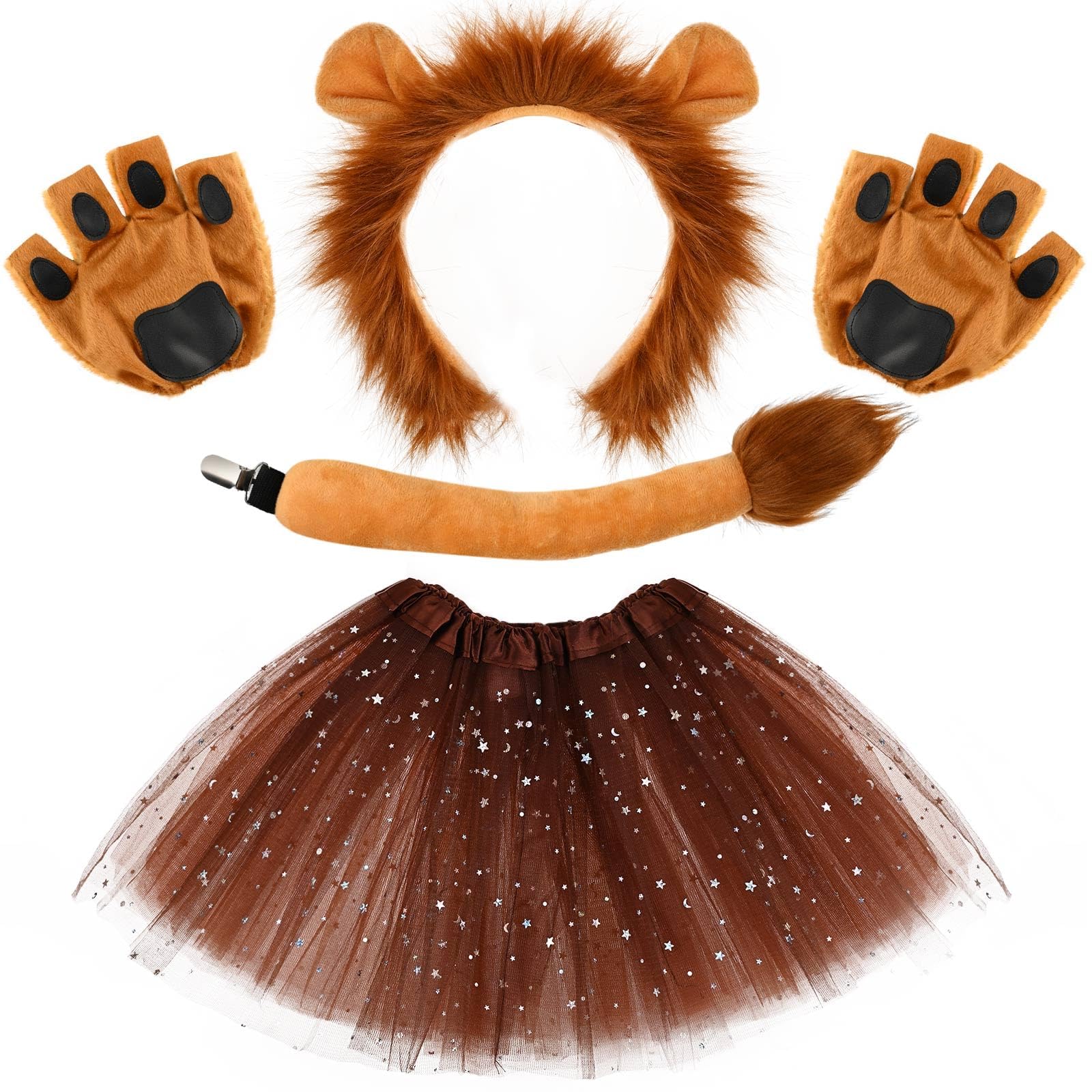 Bofeiya 4Pcs Animal Lion Cosplay Costume Accessories Set Including Brown Lion Headband Gloves Tail Tutu Skirt for Adult for Animal Themed Party Dress Up Supplies