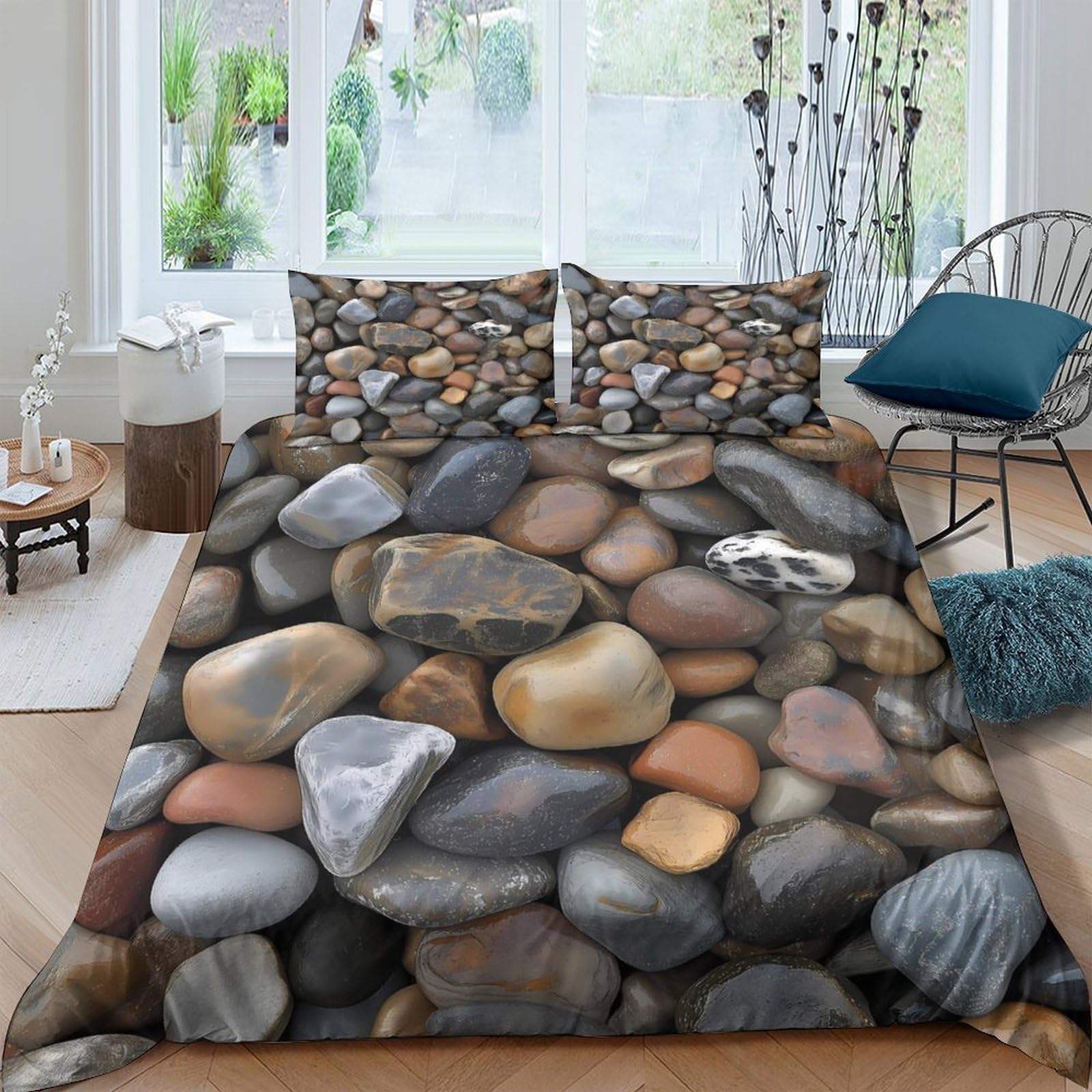 Ctjqhvkz Style-4 3D Printed Pebble Stones Fitted Sheet Microfiber Soft Non Slip Bed Cover For Bedroom Dorm Apartment Decor Single（135X200cm）
