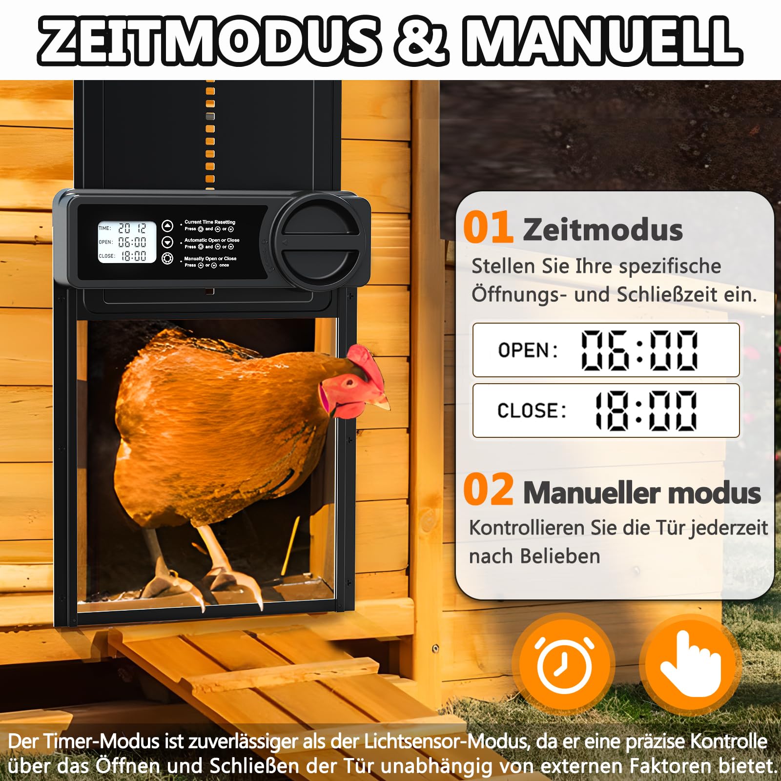 Hühnerklappe Automatisch – Groß mit Zeit-/Handmodus Einklemmschutz, automatische Hühnerklappe aus Aluminiumlegierung, elektrische Hühnertür | Kältetauglich | LCD-Bildschirm | Batteriewarnung