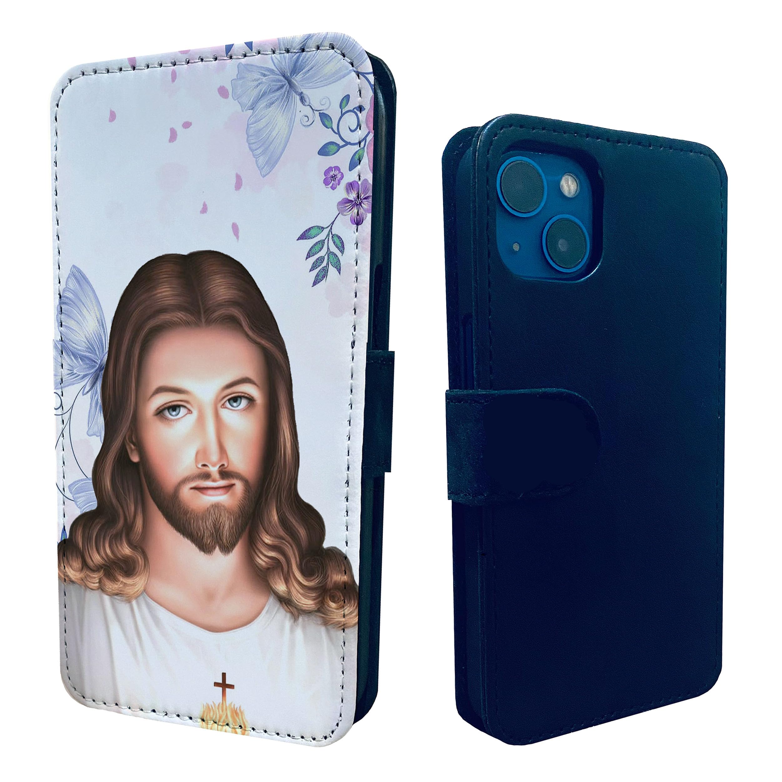 Wallet Phone Case Cover Compatible with iPhone SE 7 8 X XR 11 12 13 14 15 Plus Mini Pro Max Flip Magnetic Clasp Style Shockproof - Jesus Cross Butterfly Floral Christian Christ