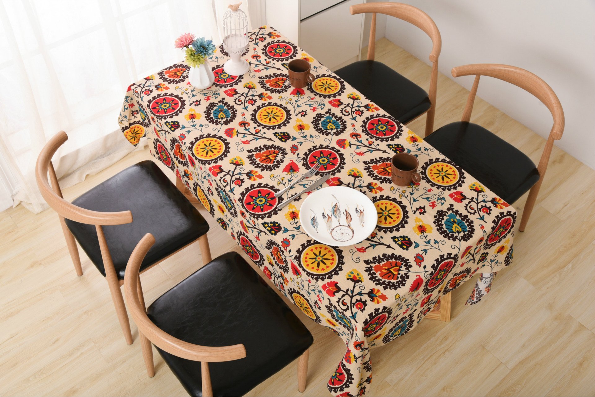 Hommini Retro Tablecloths Rectangle Wipe Clean, Mediterranean Style Sun Flower Printed Tablecloth Cover ,Washable Oil-Proof Tablecloths for Dinner ,Home Decoration Assorted Size(140x220)