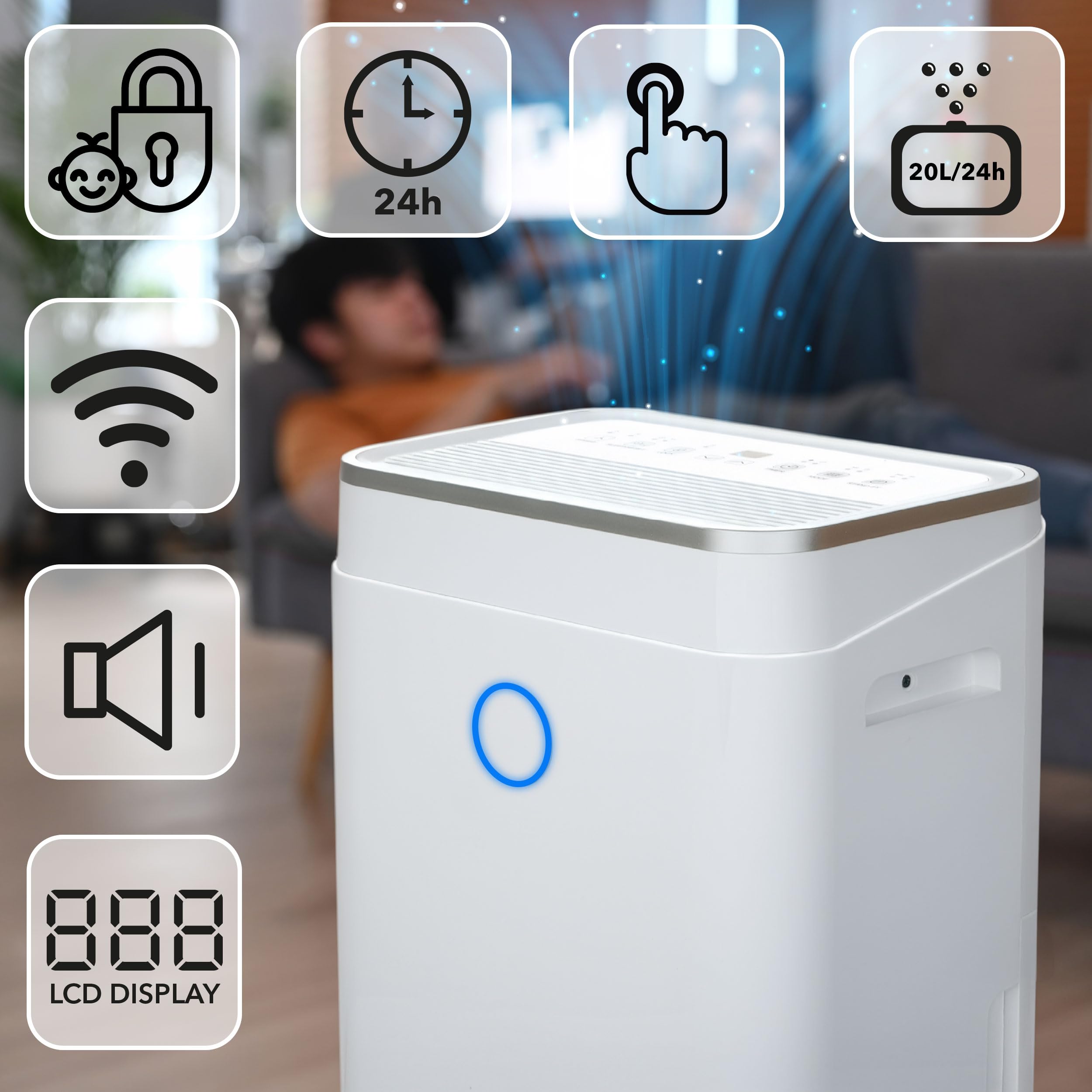 EBERG AZARI osuszacz powietrza 20 l/24 h, higrostat, suszenie prania, zbiornik 6,5 l, LCD, timer, ciągły drenaż, do domu i piwnicy, biały