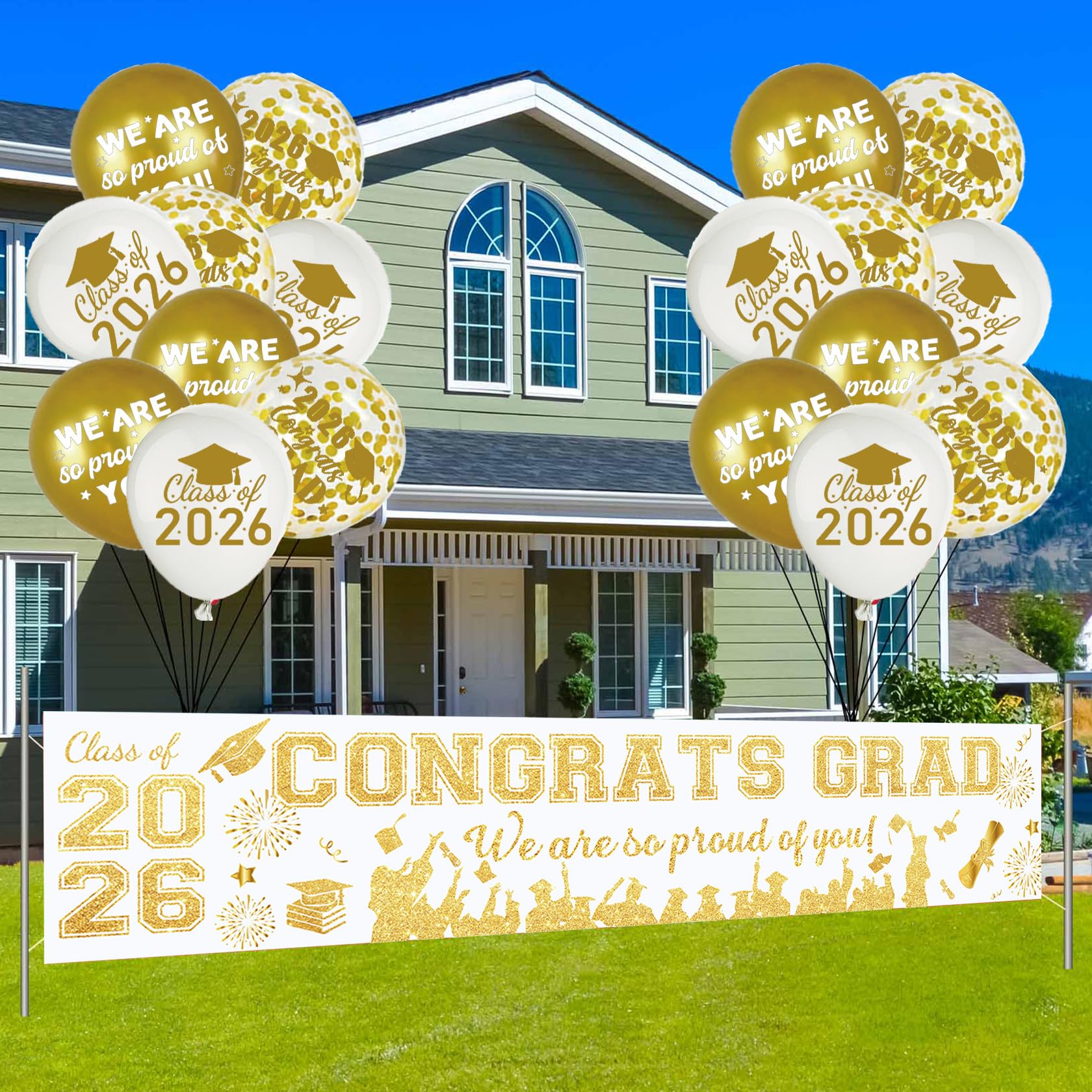 White & Gold Graduation Banner with Balloons – Class of 2026 Yard Banner Backdrop & 18 Graduation Balloons for High School, College, Nursing, or