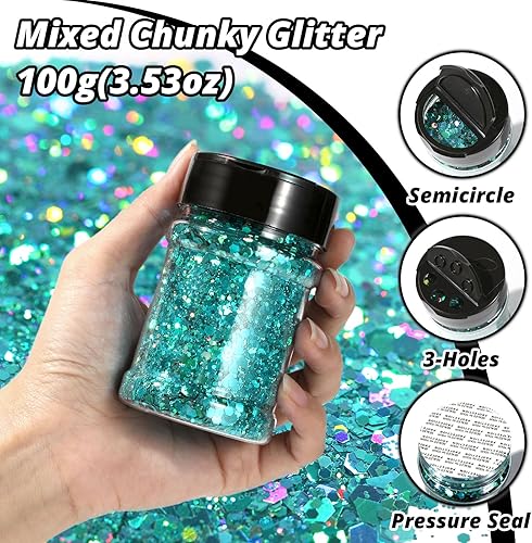 Miniatura 3 de HTVRONT Purpurina gruesa holográfica, 3.53 onzas, purpurina azul pavo real para resina, 3.53 onzas, purpurina gruesa mezclada con purpurina fina,