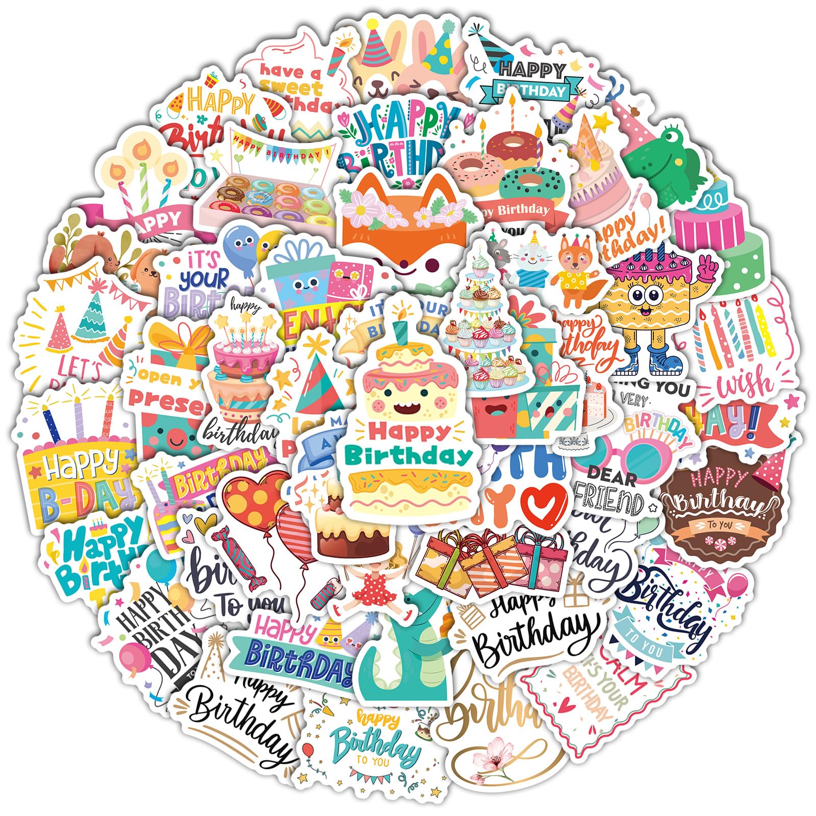 50 Pcs Birthday Stickers for Kids Vinyl Cute Happy Birthday Stickers for Water Bottles Waterproof Cartoon Happy Birthday Party Stickers for Cards