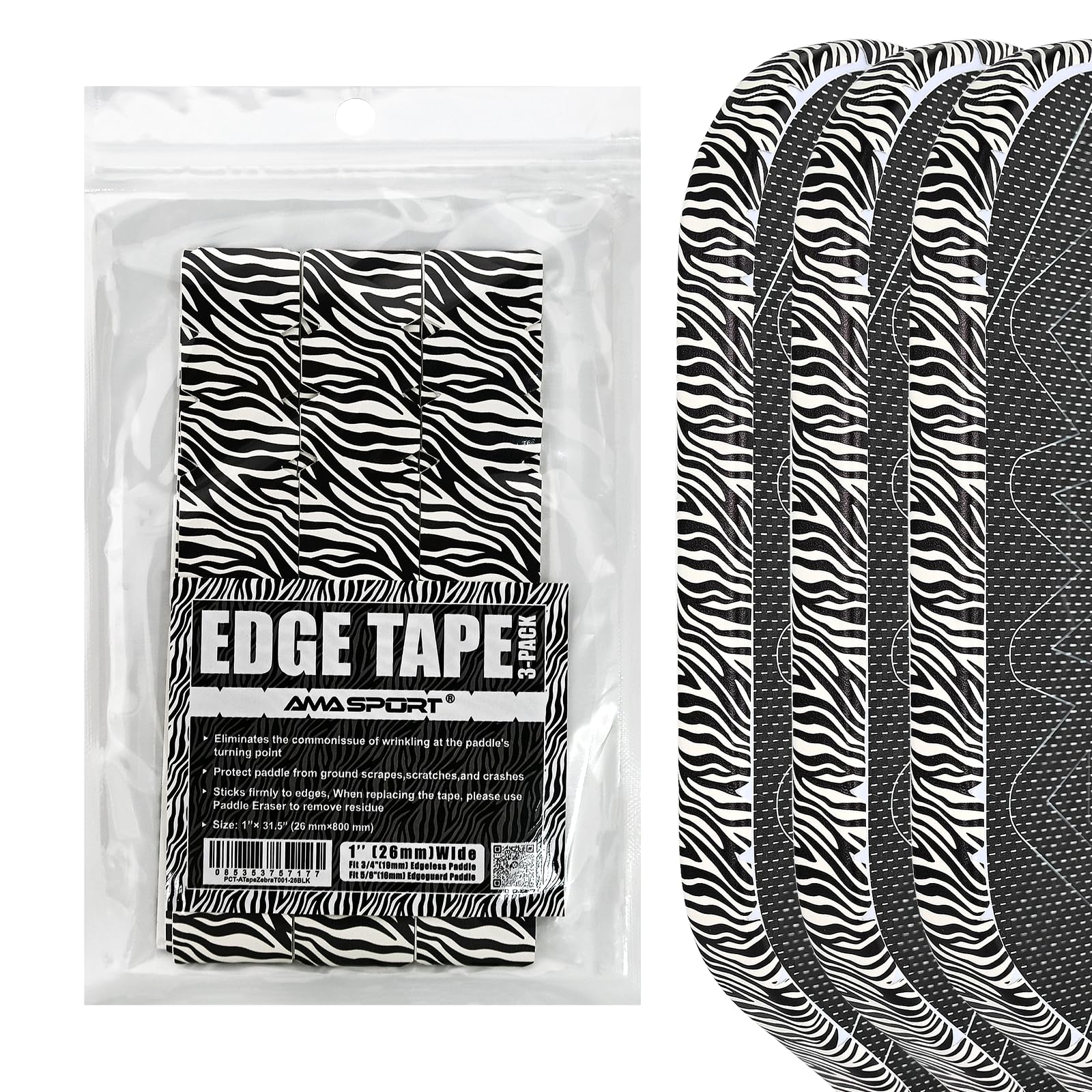 PICKLETECH Pickleball Edge Guard Tape – Black Zebra Pattern Edge Tape for Pickleball Paddle - Fit Perfectly Curved Edge - No Wrinkling