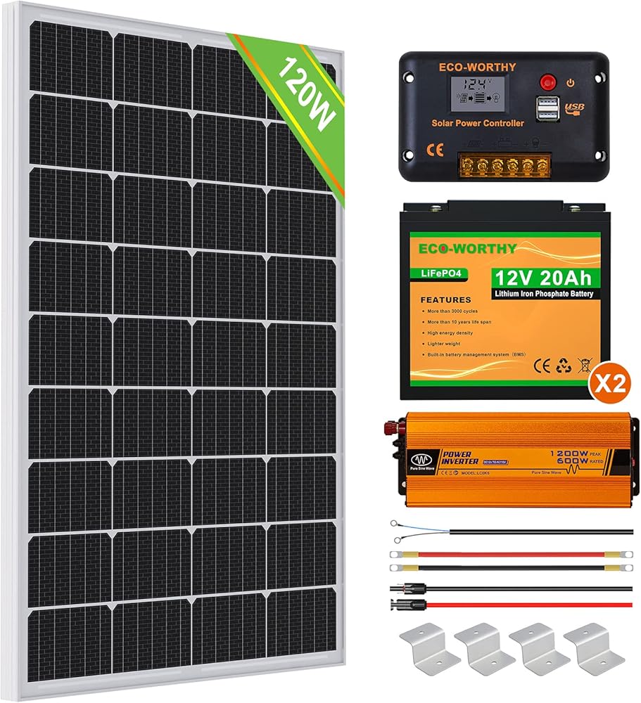 Eco-worthy kit pannello solare monocristallino inverter 600w off grid 120w 12v 8J-QEFR-AKJA/0,5KWH/giorno con