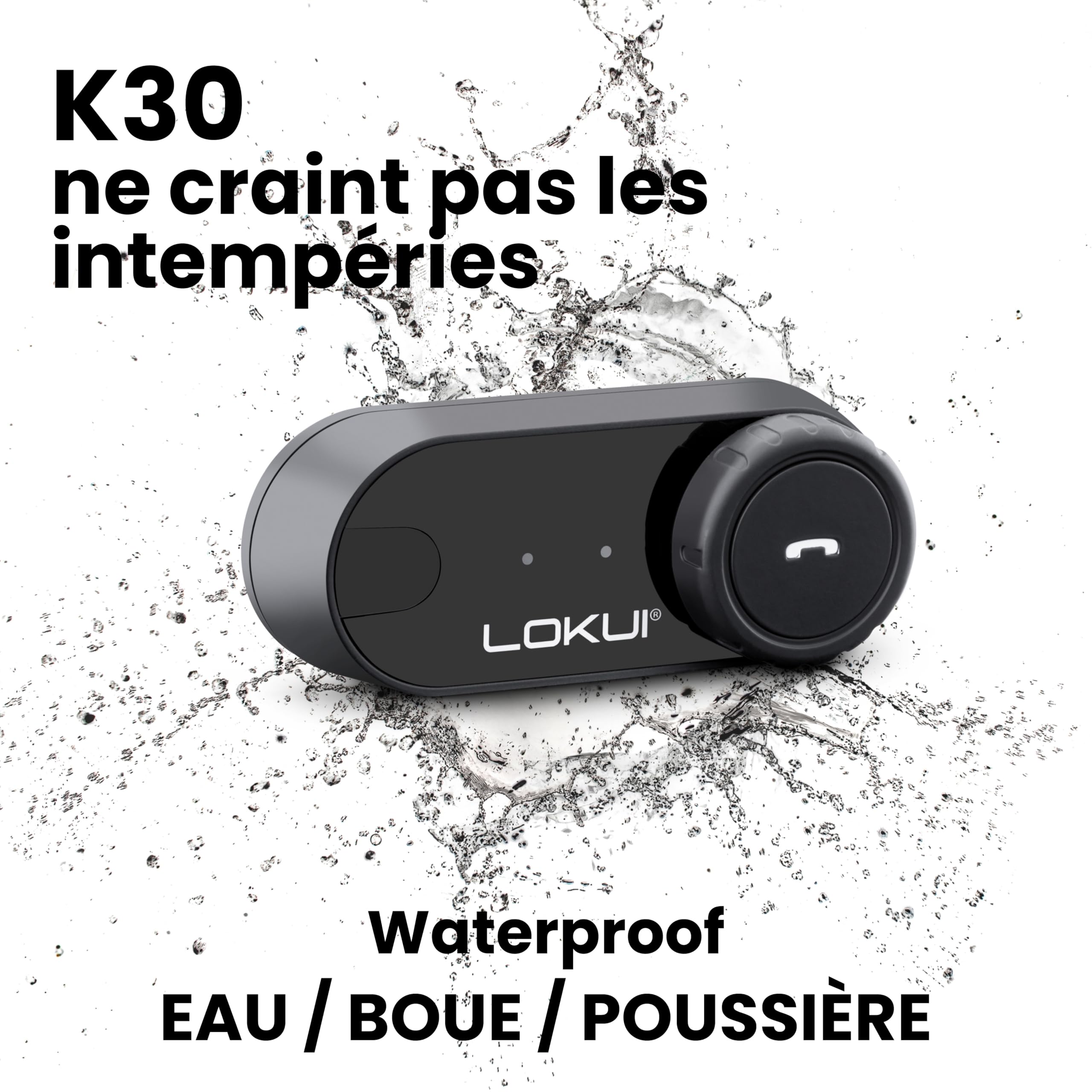 Midland- Intercom Moto Solo Individuel Lokui K30, Écouteurs Bluetooth sans Fil Casque Moto Étanche Universels, Portée 800m 2 Personnes, Batterie 10H Anti Bruit DSP, Enceinte Haut Parleur Hi-Fi, Micros