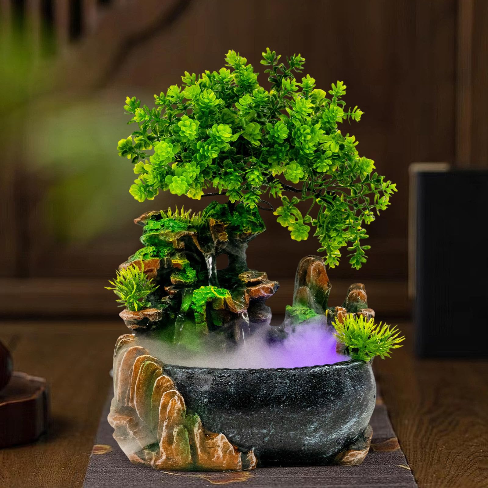 Zimmerbrunnen mit LED-Beleuchtung, Desktop Bonsai Ornamente Grüne Pflanze Zimmerbrunnen, Tischbrunnen Wasserfall mit Nebel, Feng Shui Wasserfall Luftbefeuchter für Wohnzimmer Schlafzimmer Büro