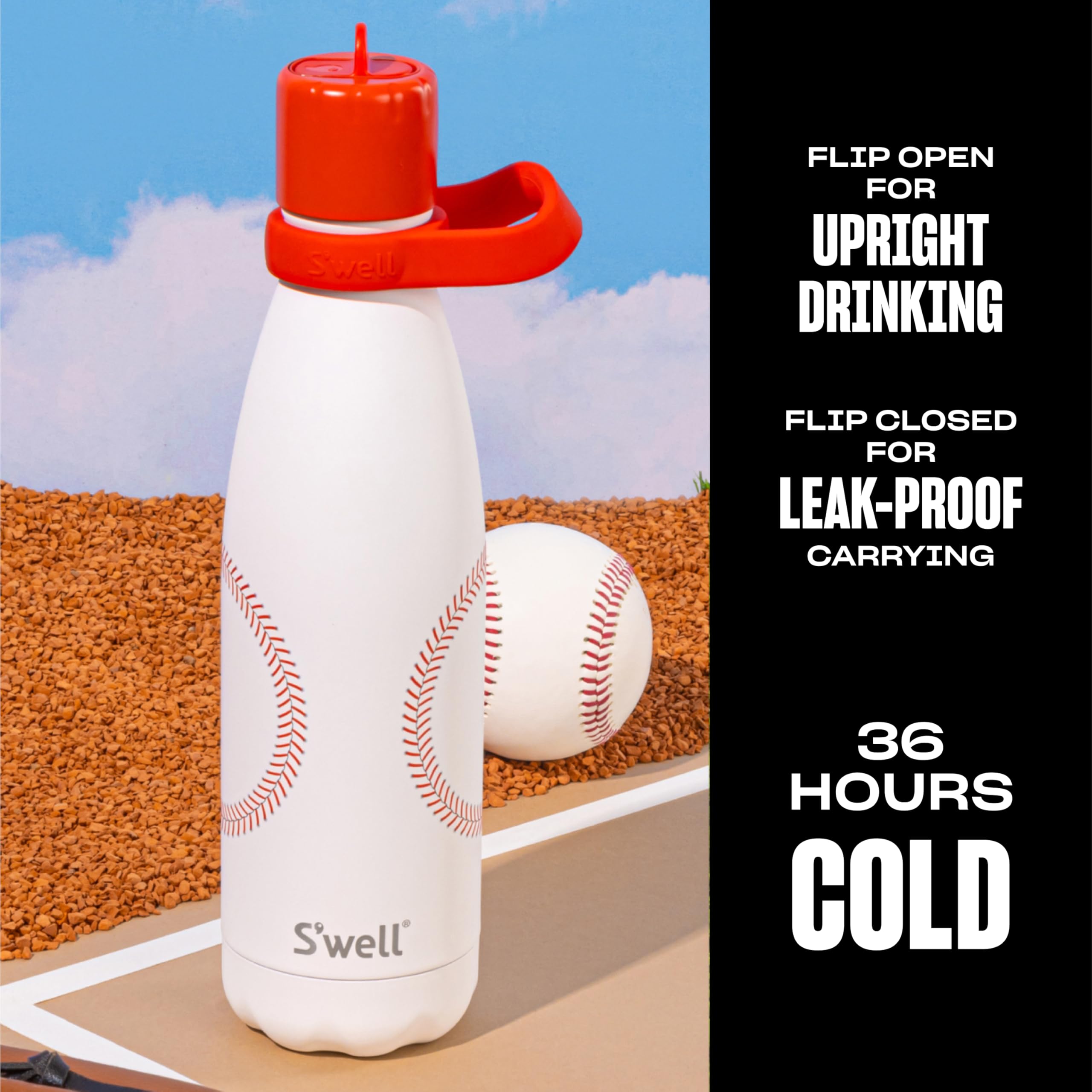 S'well Botella de agua de acero inoxidable con tapa abatible y asa, 17 onzas, Home Run, recipientes aislados al vacío de triple capa que mantienen las bebidas frías durante 36 horas y calientes