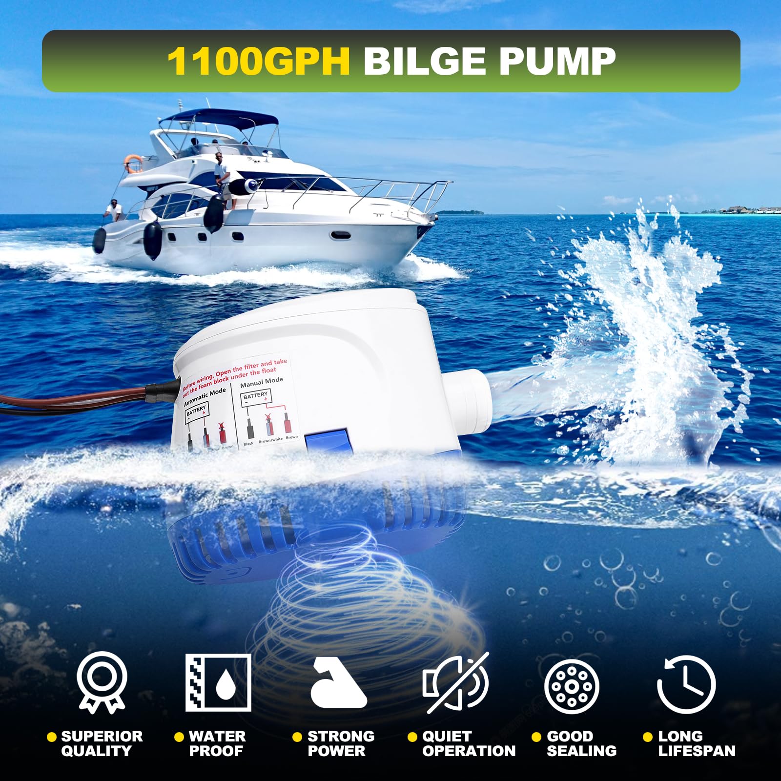 Automatyczna pompa zęzowa 1100 GPH 12 V z 3-kierunkowym panelem przełącznika pompy zęzowej i zestawem hydraulicznym o średnicy 2,8 cm, idealna do łodzi rybackich, rejsów