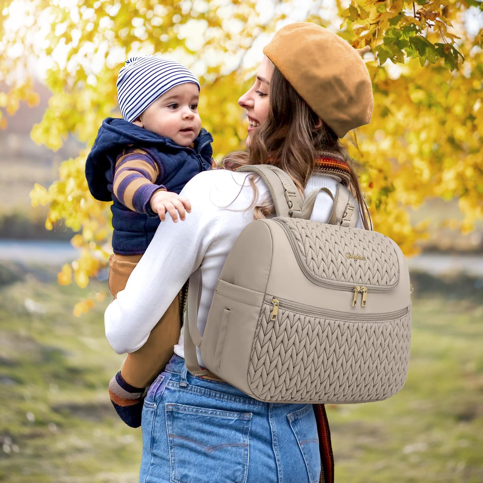 Qualyphant Small Diaper Bag Backpack, Mini Baby Bag, Breast Pump Backpack for Spectra S1 S2 Medela with Cooler Storage for Working Mom, Khaki