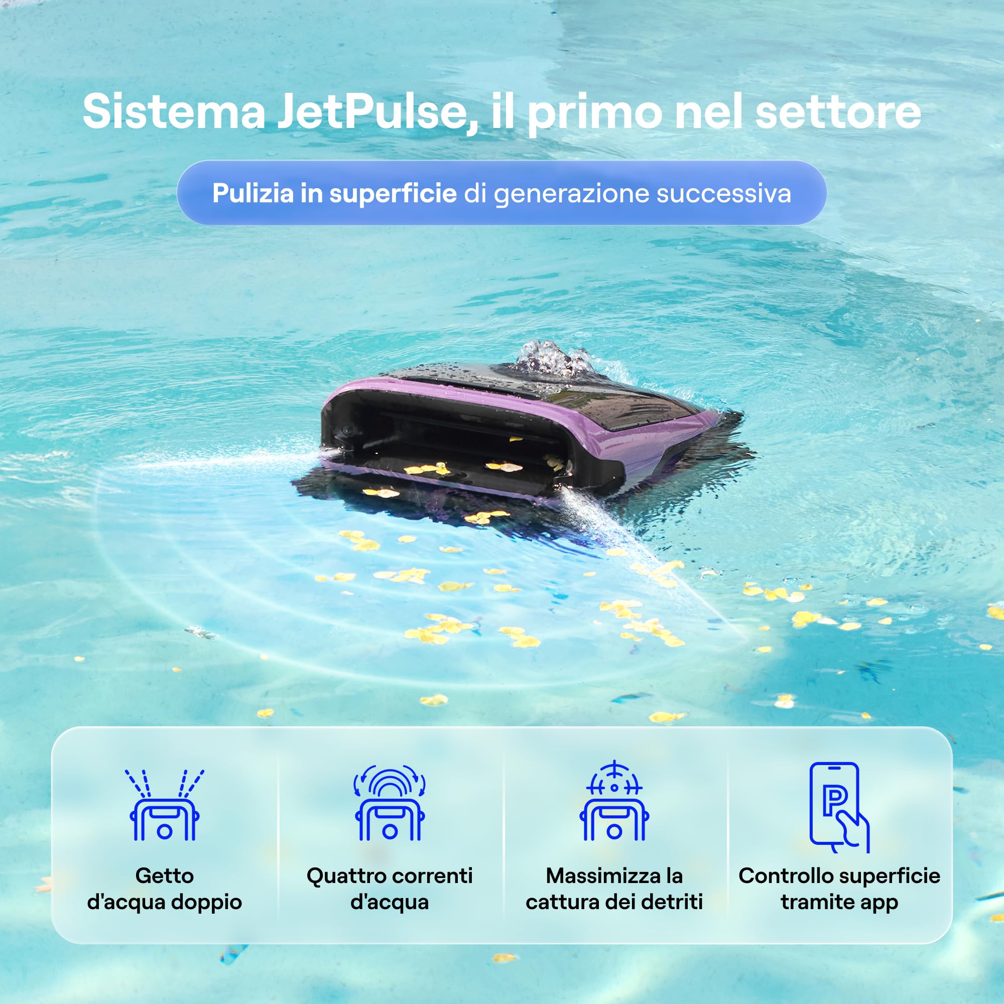 Beatbot Sora 70 Robot Piscina 4 e 1: pareti e Fondo,Superficie,Glicine | Pareti e fondo, superficie e linea di galleggiamento, senza fili, parcheggio in superficie,App,Piscine Fuori Terra/interrate