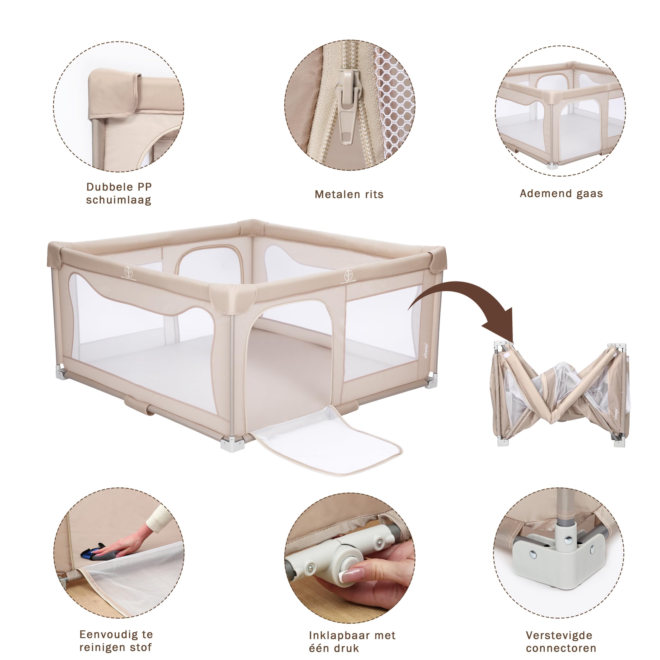 Bodenlaufstall Baby – Faltbarer Laufstall mit taupefarbener Spielmatte & 50 Bällen – Krabbelgitter – Baby Laufgitter – Playpen für Babys – 150 x 150 x 76,5 cm – Beige