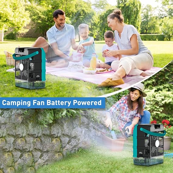 Uniqwamo Misting Fan Portable Compatible for Makita 18V Battery(No Battery) or USB Powered, Cooling Fan for Bedroom with 7 Lights, 8H Timer, 1600ML Water Tank for Outside Camping Tent Room Office Desk