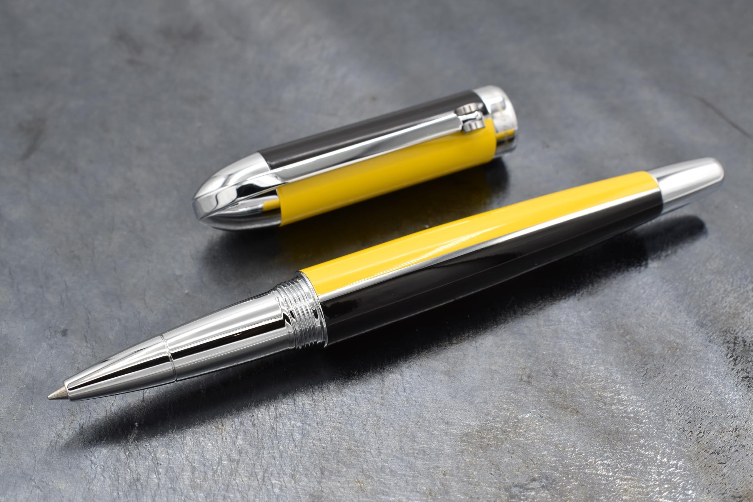 Xezo Visionary Brass and Aluminum Rollerball Pen, Speed Yellow and Black Lacquer. Numbered in Limited Edition of 500. Classic Art Deco Color Disposition, Retrofuturistic Body Style