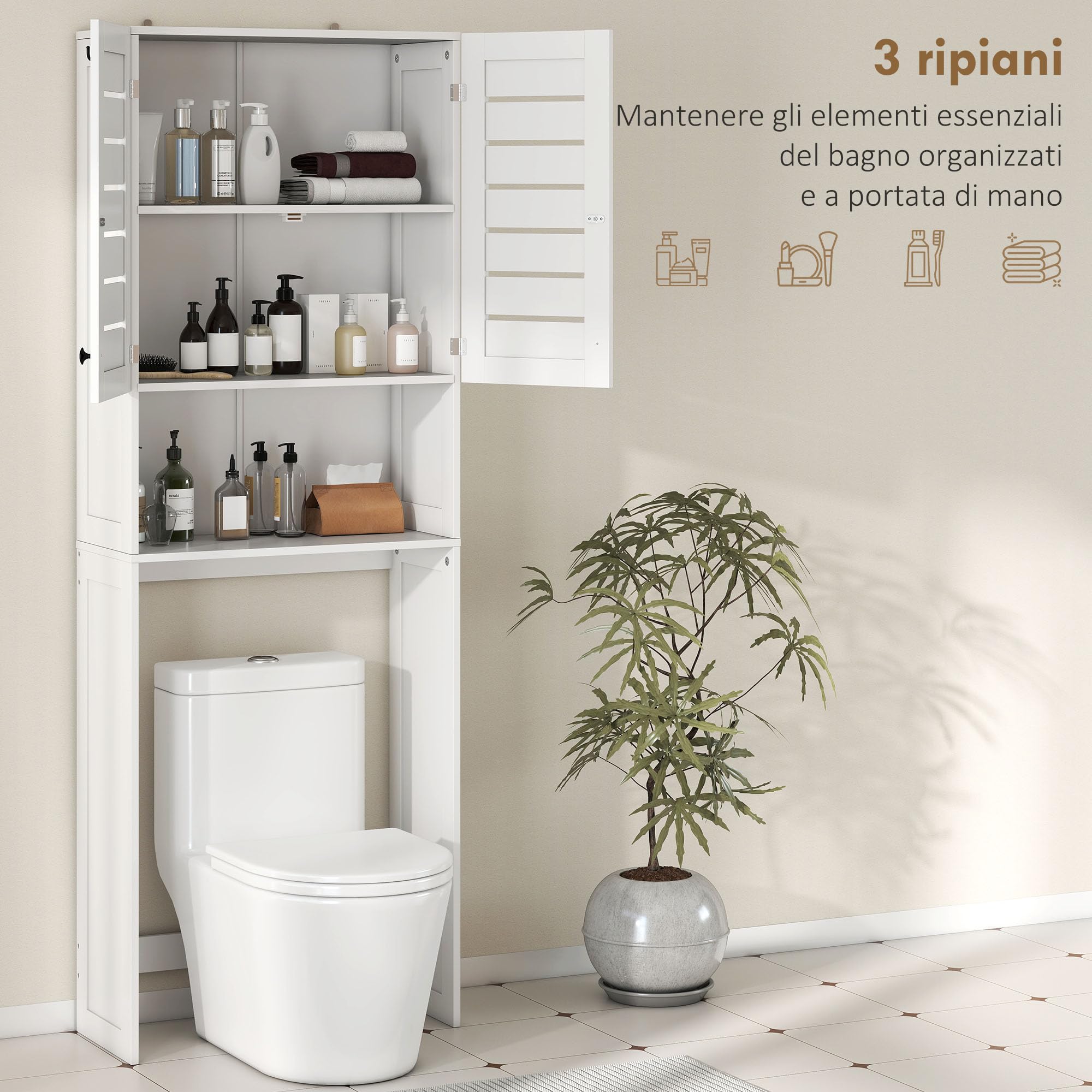 HOMCOM Mobile Sopra WC con Armadietto a 2 Ante e Ripiano Aperto, Mobile Bagno in MDF, Scaffale Sopra WC, 67x31.5x190 cm, Bianco