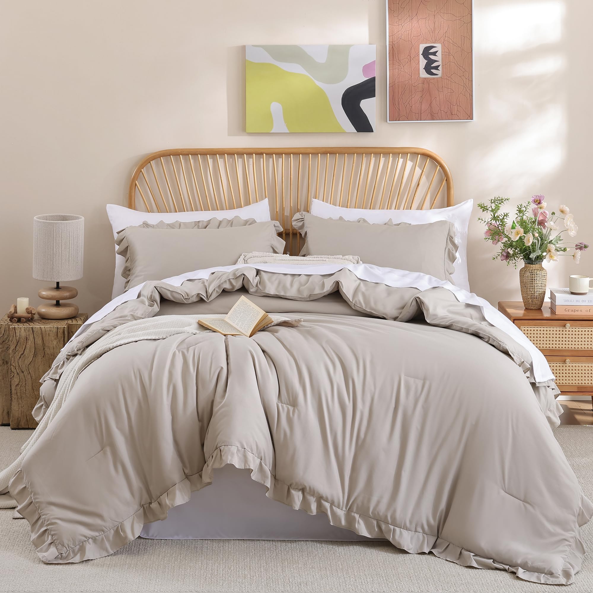 JANZAA Full Size Comforter Ruffled Oatmeal Soft Vintage Farmhouse Bed Comforter Set Shabby Fluffy 3PCS Bedding (1 Comforter Set and 2 Pillowcases)