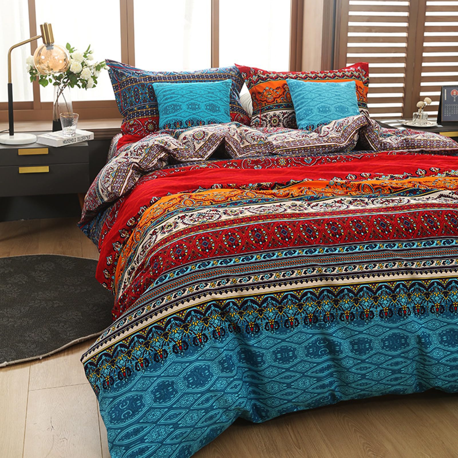 E-yimeng Single Duvet Cover Sets Boho Bedding Sets Red Duvet Covers Colorful Bohemian Bedding Collections with 1 Pillowcase Zipper Luxury 135x200 cm - Image 4
