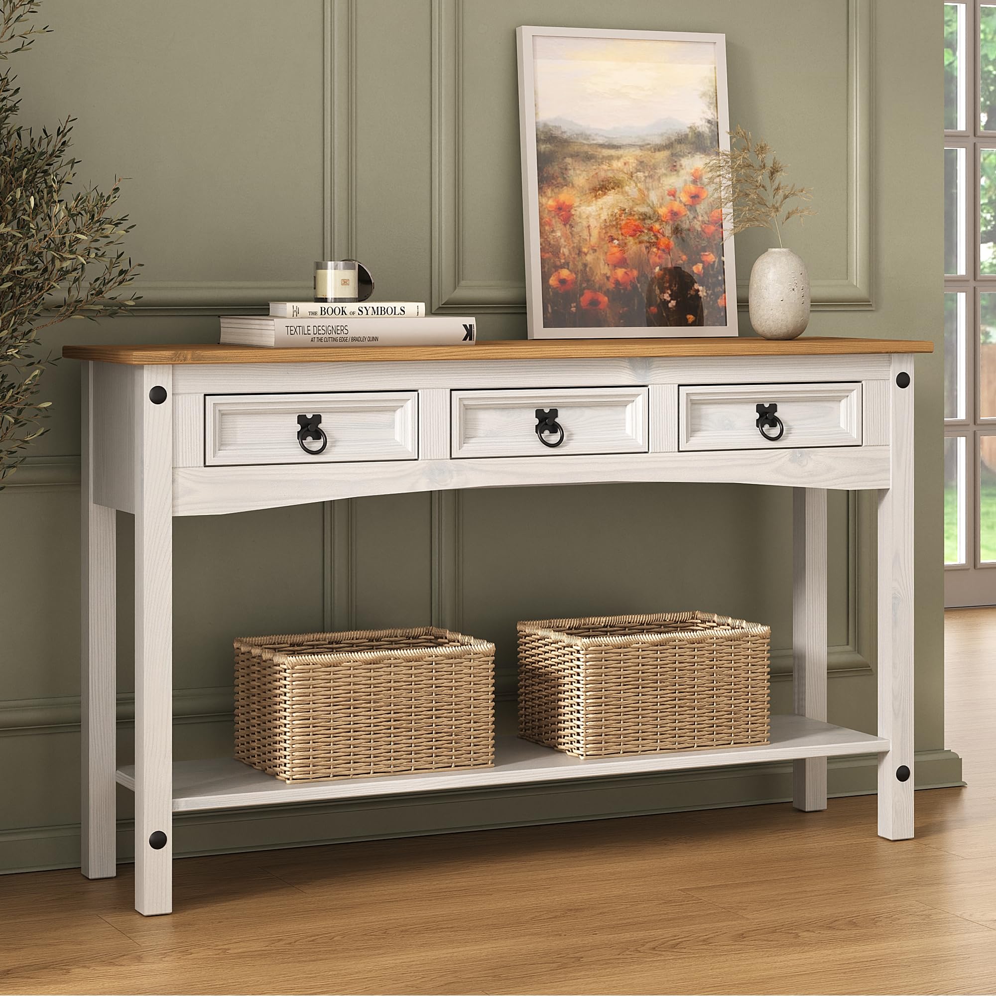 Corona Console Table 3 Drawer White Hallway Solid Pine Wood with Whitewash Finish