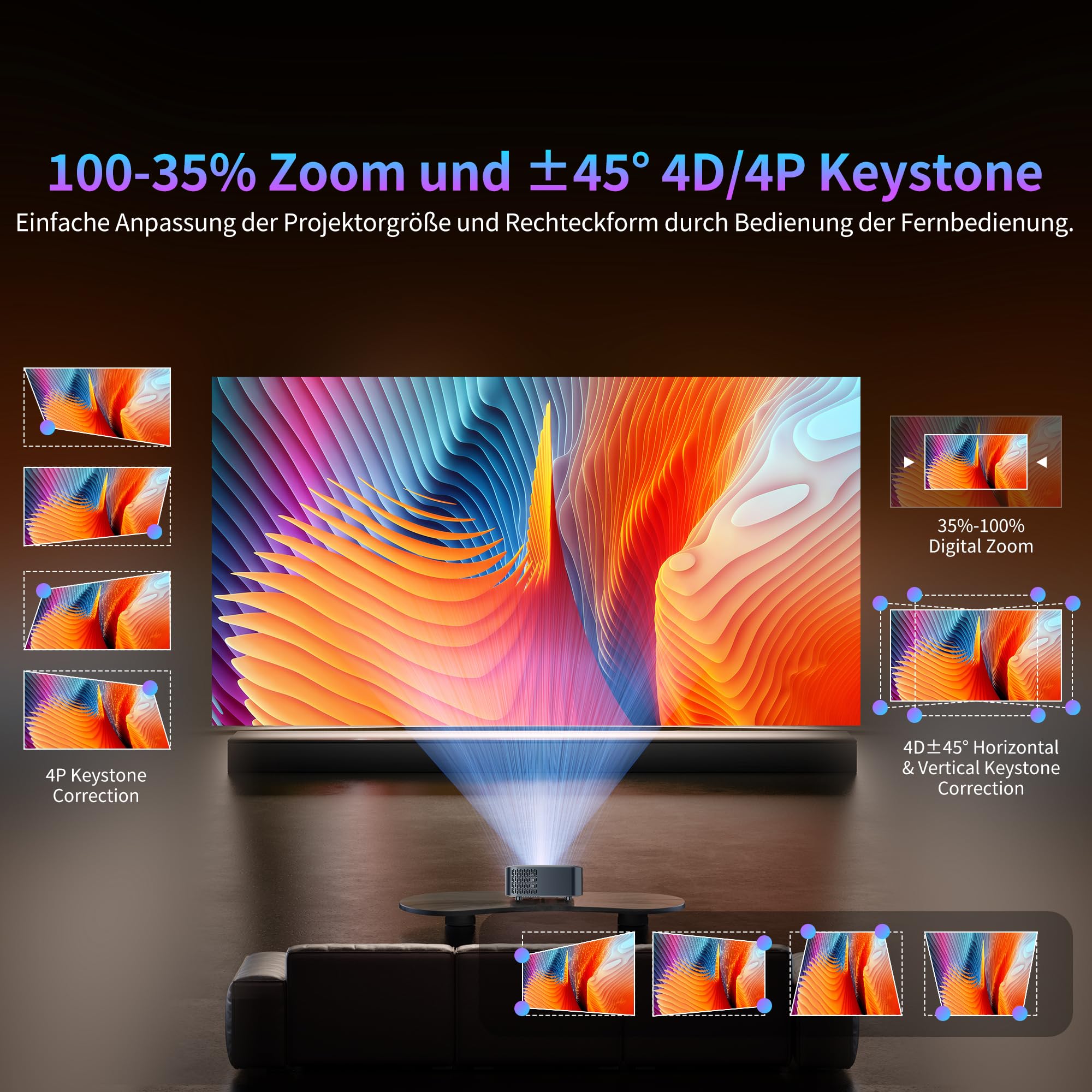 Projektor 4K, Android OS 12.0, 4 GB + 32 GB, miniprojektor z e-fokusem, WiFi6, Bluetooth 5.0, 500 ANSI, FHD 1080P, 4D Keystone, Zoom, kompatybilny z USB, AV, HDMI, smartfonem, laptopem, grami