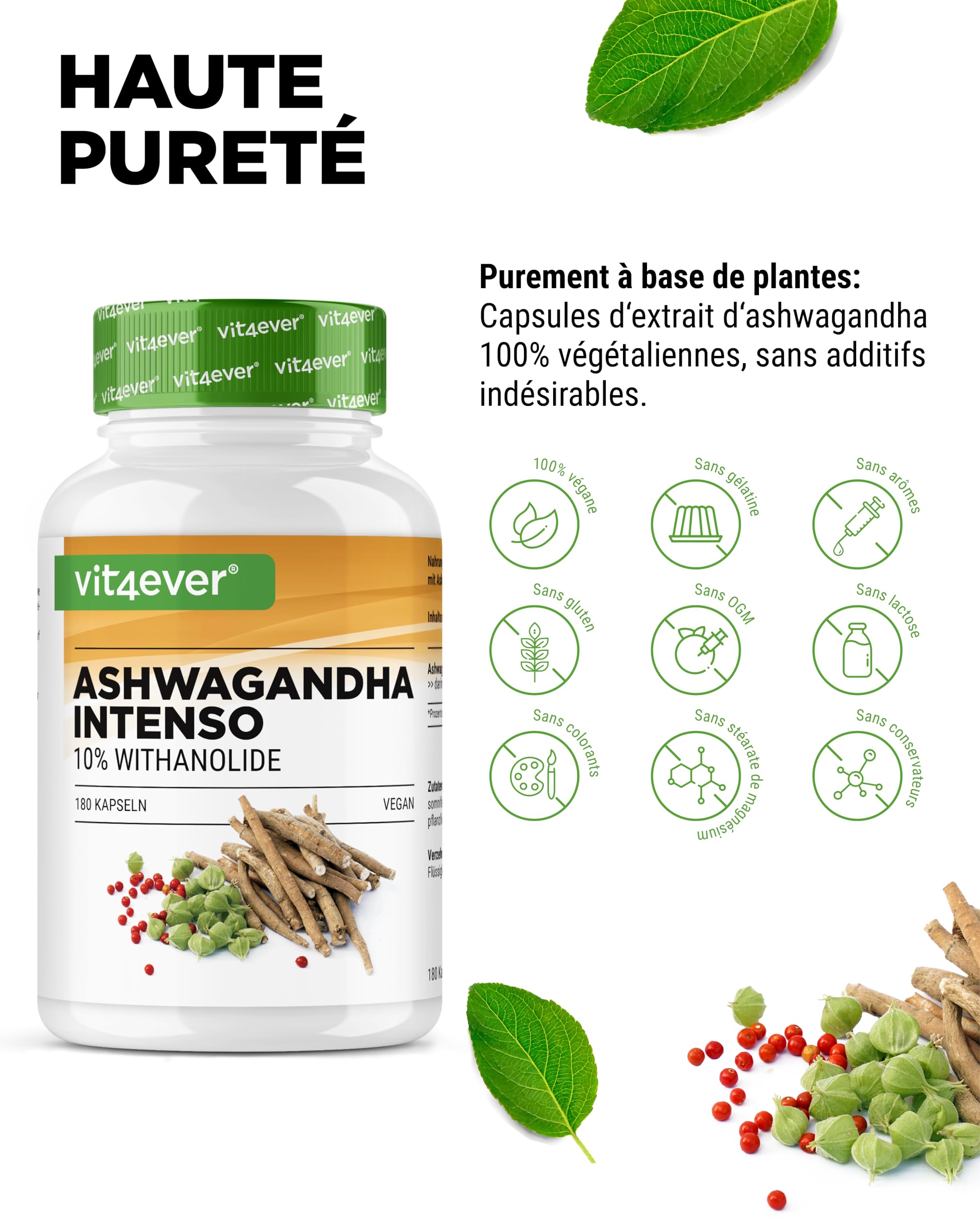 Extrait d’Ashwagandha – 180 Capsules contenant chacune 750 mg d’Extrait pur de Racine et 10% de Withanolides – Haute Pureté – Végan – Hautement Dosé – Qualité Premium