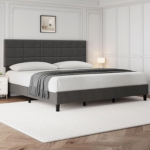 GAOMON Base de cama tamaño King con cabecera ajustable, base de cama tapizada de lino con soporte de listones de madera, marco de metal resistente,