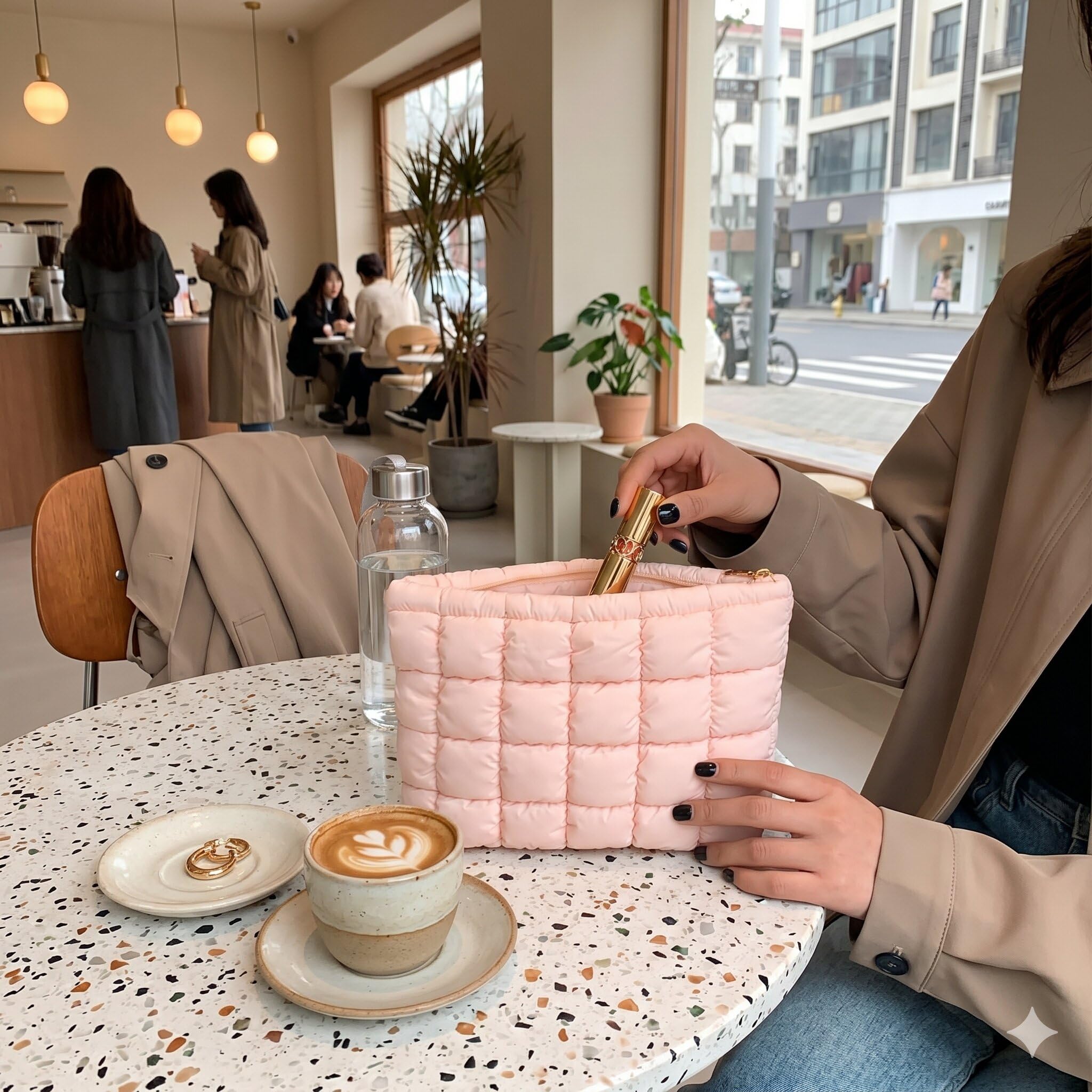 Puffy Quilted Makeup Bag, Cosmetic Bag, Travel Toiletry Organizer Pouch, Checkered Toiletry Zipper Pouch Purse for Women, Clutch for Women (Pink)-image-49