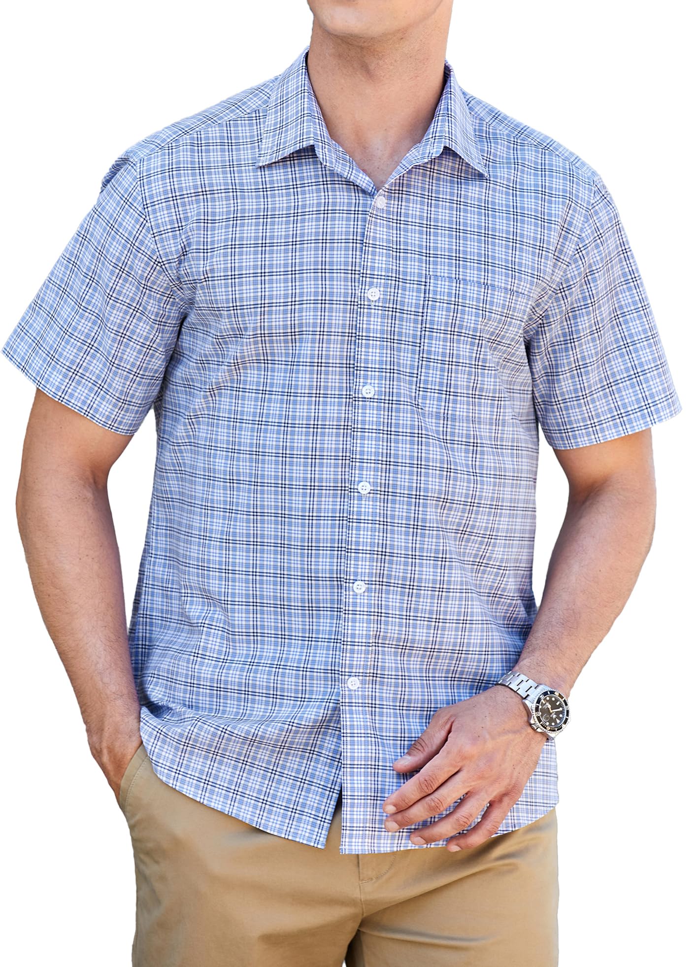 HISDERN Chemise Carreaux Homme Manches Courtes Boutonnées Décontractées Chemise été Travail Homme avec Poches Coupe Régulière