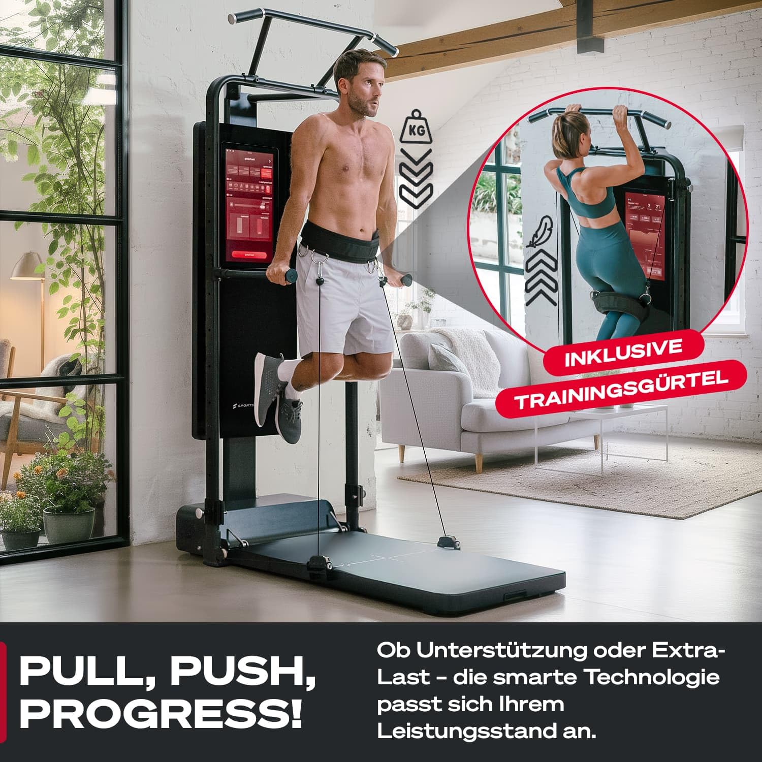 Sportstech sGym Pro – multifunktionale klappbare Kraftstation für Zuhause, 21" Display, 400+ Übungen, 13-Fach verstellbare Kabelzüge, Spotter, inkl.1 Jahr STL-App, platzsparend, Ganzkörpertraining