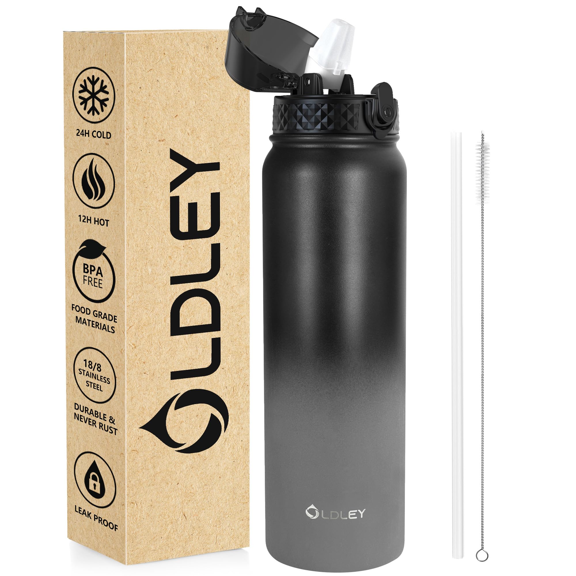 OLDLEY Stainless Steel Water Bottle with Straw 1L Vaccum Insulated Large Drink Flask Metal Water Bottles 1 Litre Leakproof Keep Drinks Hot Cold for Sports Gym Travel Adult Women Men(Black Grey