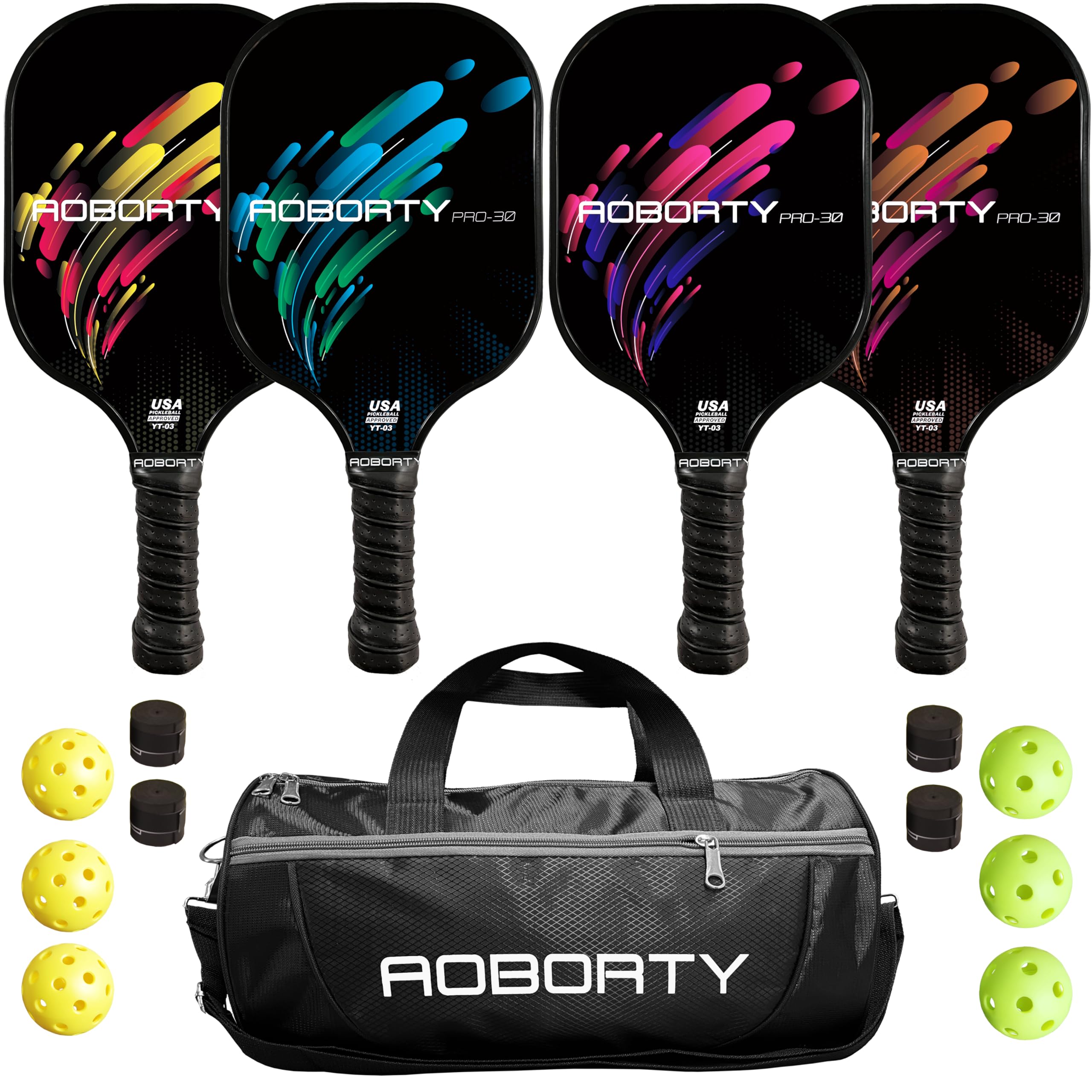 AOBORTY USAPA - Juego de 4 palas de pickleball de grafito claro, con cara de fibra y núcleo de panal de abeja de polímero, con 6 bolas para interiores y exteriores, incluye bolsa de transporte