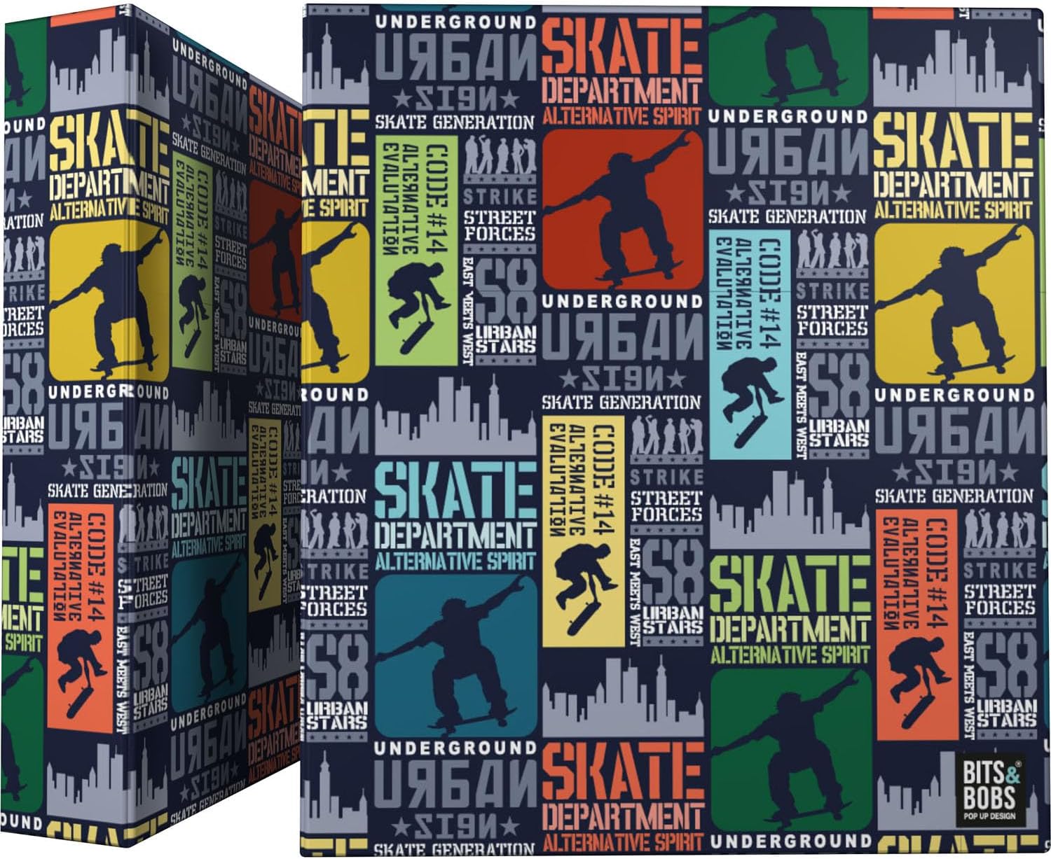 Grafoplás | A4 School Folder | 4 Mixed Rings 40 mm | Skate Bits&Bobs Pop Up Design | Perfect School Supplies | Rigid Cardboard Covers | FSC Certified