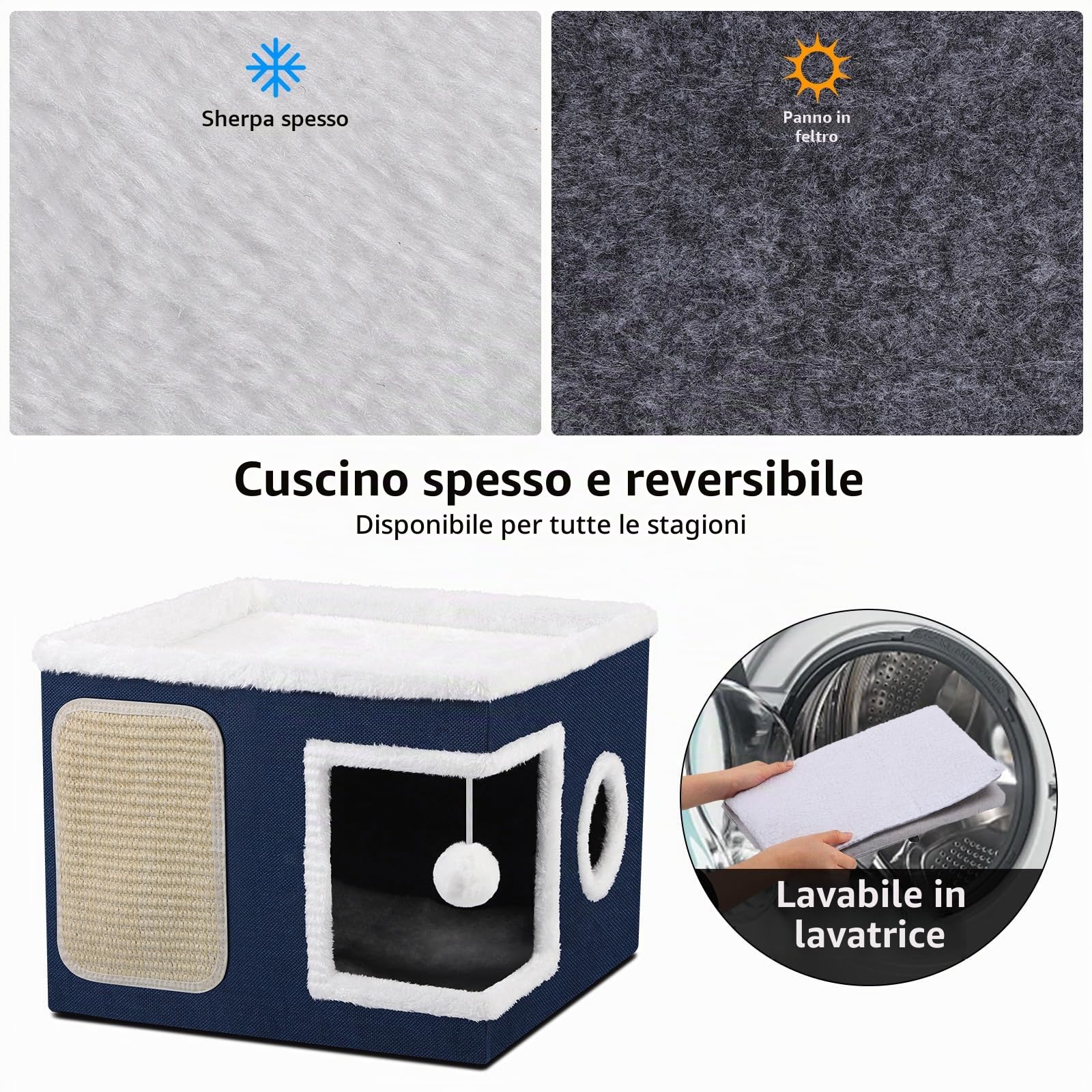 Cuccia per gatti pieghevole per Gatti indoor, 43*43*32 cm, grande cuccia per gatti con accogliente cuccia, palla sospesa, finestra rotonda, cubo per gatto a 2 strati con morbidi cuscini bifacciali,Blu