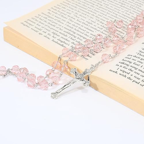 Miniatura 3 de Collar católico de cuentas de cristal rosa claro medalla de tierra santa y crucifijo Nazareth Store marca bolsa de terciopelo
