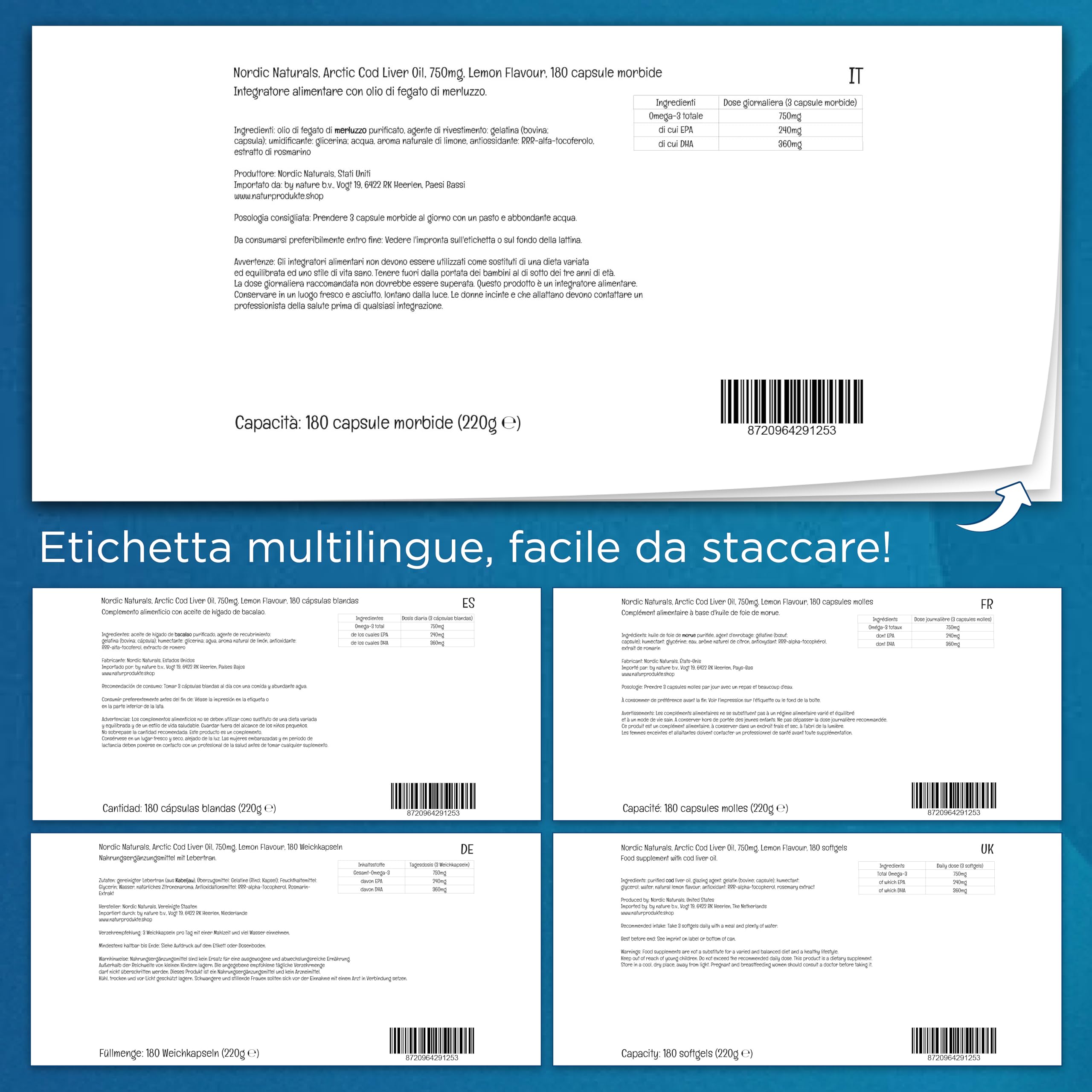 Nordic Naturals, Arctic Cod Liver Oil, 750 mg di Omega-3 da Olio di Fegato di Merluzzo, con EPA e DHA, Gusto Limone, 180 Capsule molli, Testato in Laboratorio, Senza Soia, Senza Glutine, Non OGM