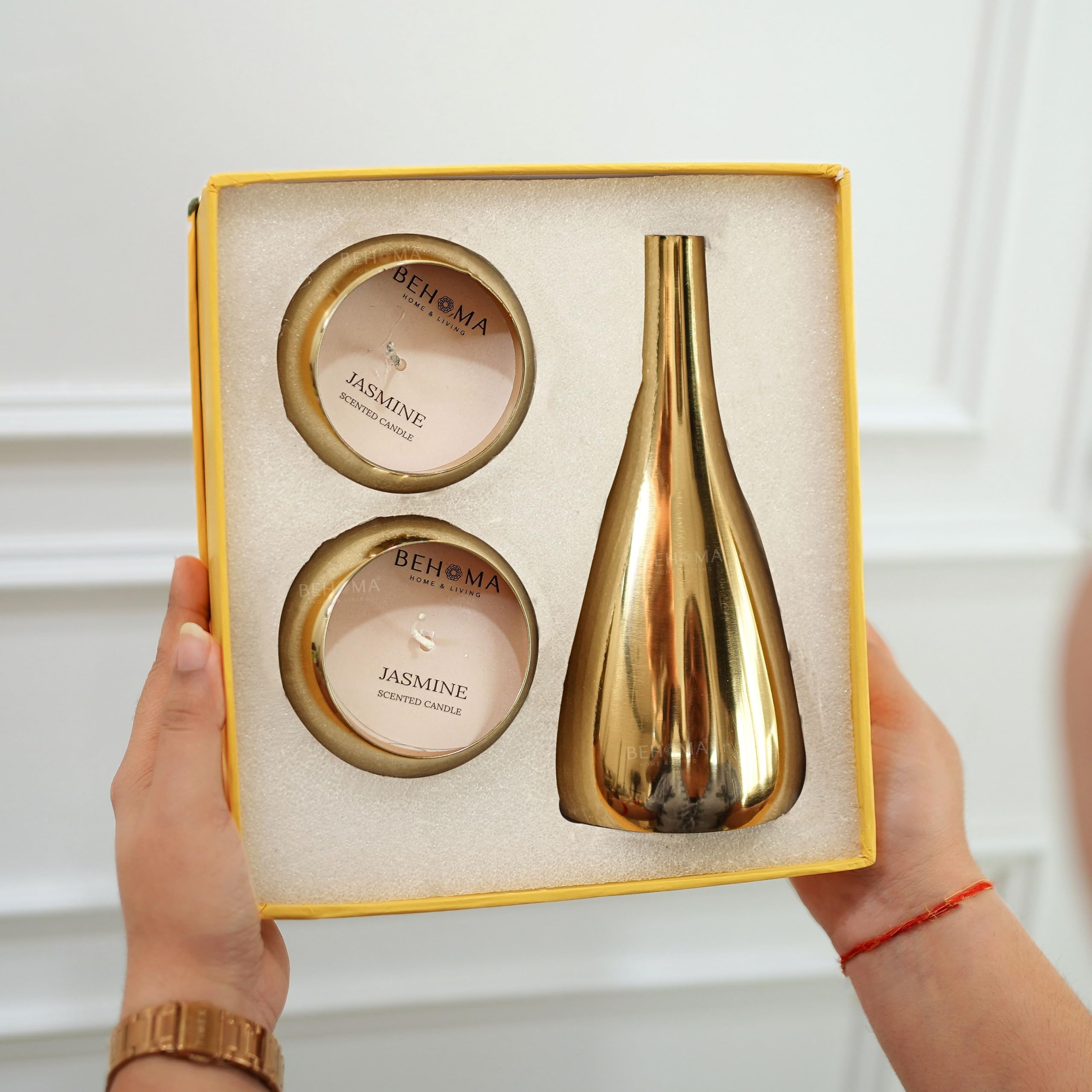 BEHOMA Luxury Home Décor Combo Gift Set | Metal Scented Candle Set of 2 with Golden Decorative Flower Vase | Premium Table Décor for Living Room | Housewarming, Wedding & Festive Gift Set 1
