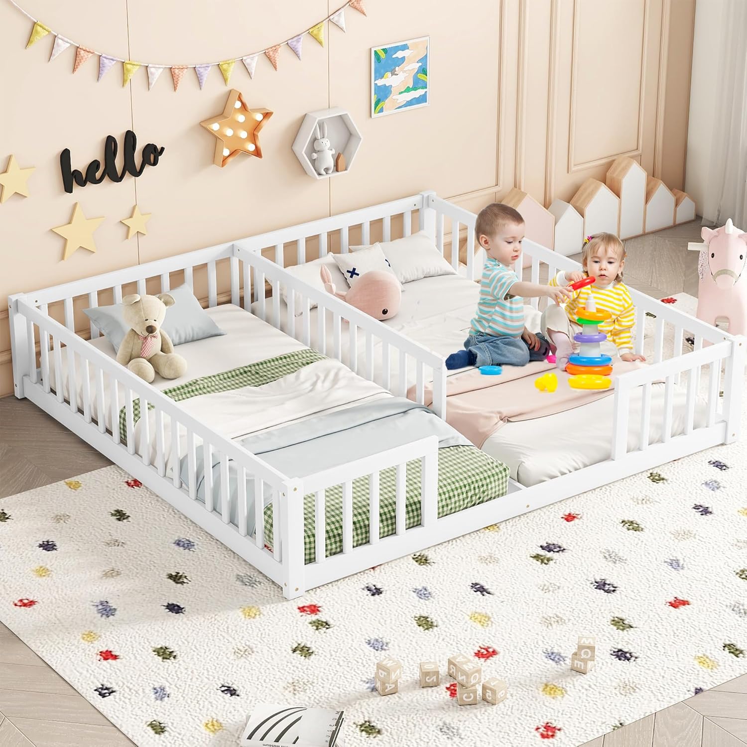 Double Twin Bed Frames for Kids, Wood Montessori Bed with Fence Guardrails, Double Twin Floor Bed Side by Side for Boys Girls Children, White