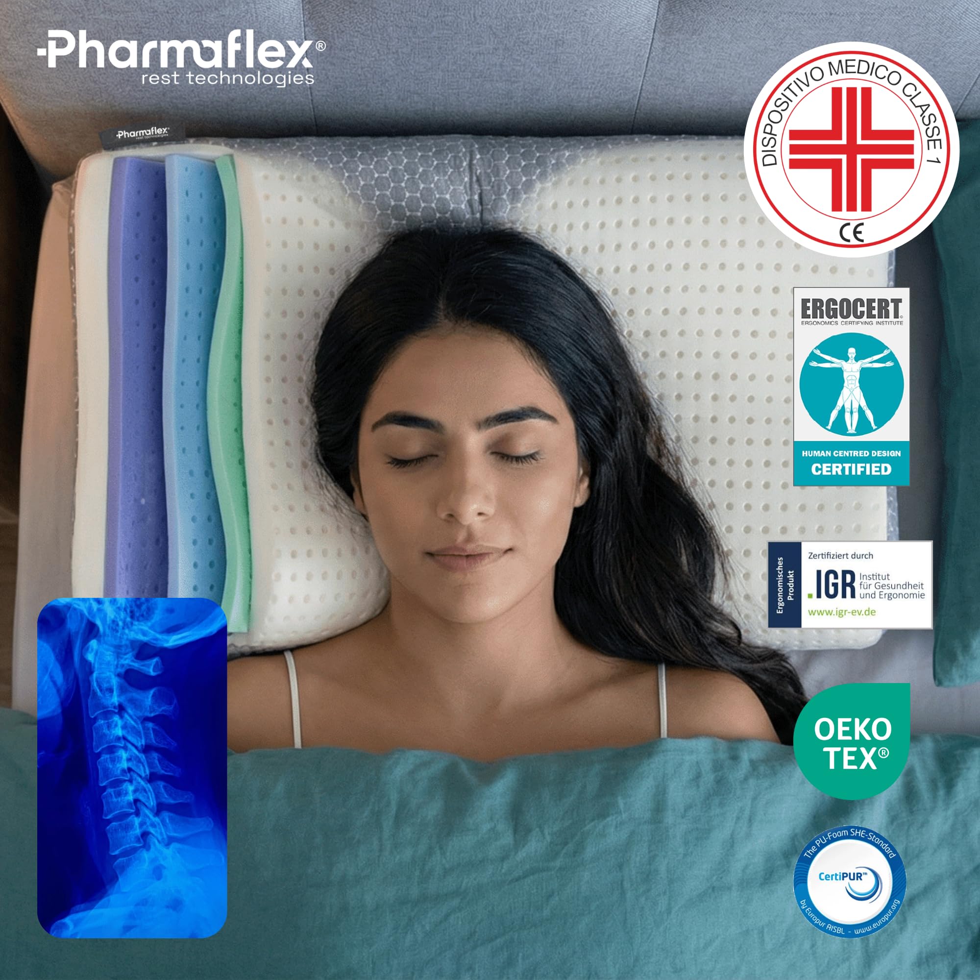 Pharmaflex Cervical - Cuscino Cervicale Memory Foam Letto per Dormire 60x40 Ortopedico Ergonomico, Morbido Supporto 5 Strati Allevia Dolori, Guanciale Medico Fresco Antiacaro Anallergico
