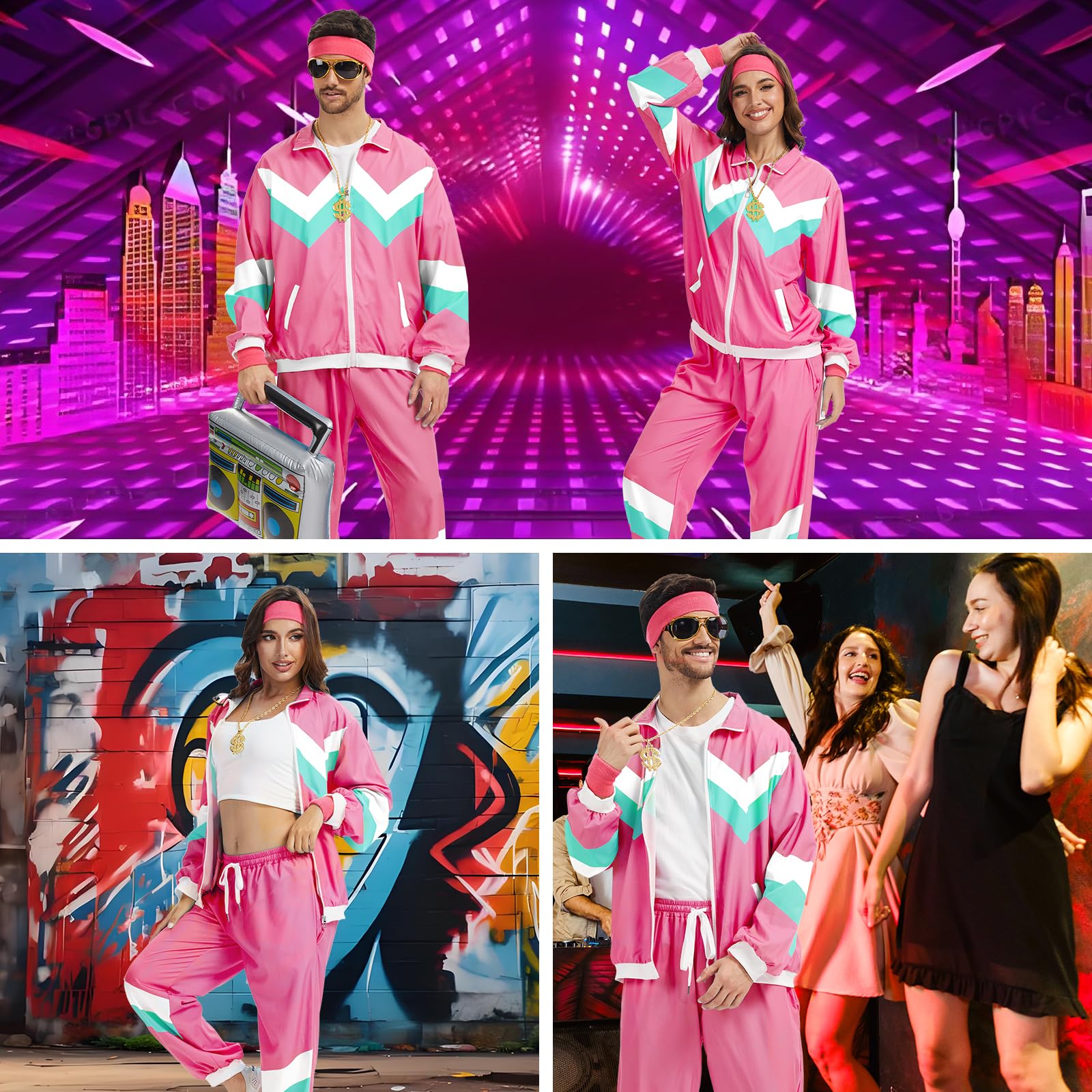 Strój męski i damski w stylu lat 80. XX wieku, dres treningowy, dyskoteka, strój sportowy hip-hopowy, zestaw dresowy, strój do joggingu, streetwear, kostium karnawałowy