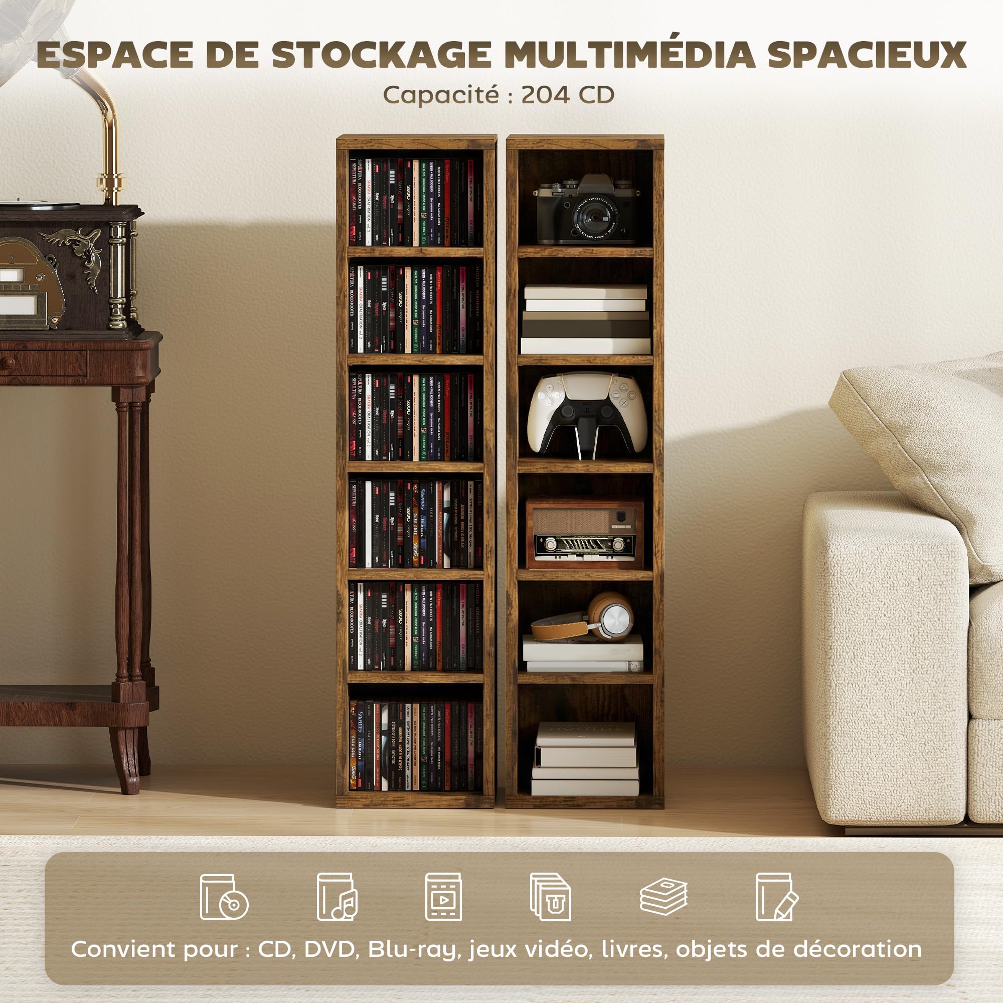 HOMCOM Lot de 2 étagères colonnes Armoire de Rangement CD-DVD 6 + 6 Compartiments 21 x 22,5 x 88,5 cm capacité Max. 204 CD Brun Rustique