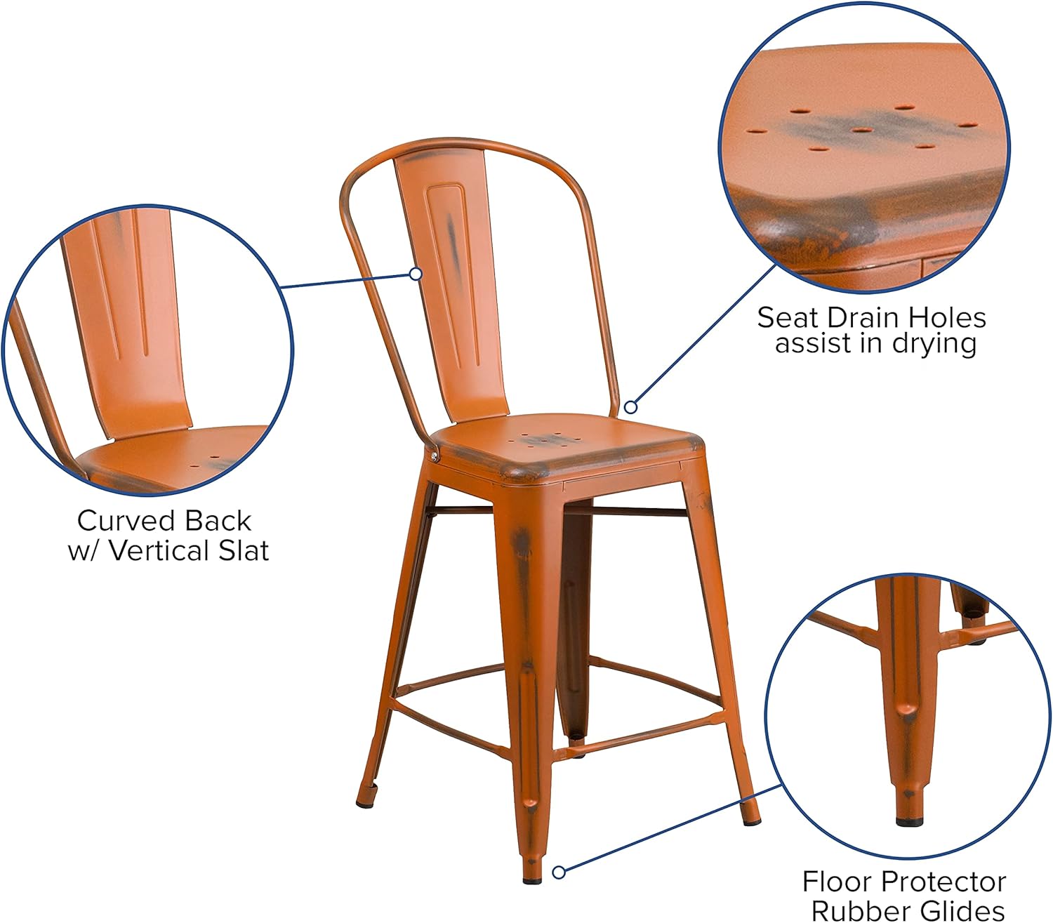 Flash Furniture Blake Commercial Grade 4 Pack 24" High Distressed Orange Metal Indoor-Outdoor Counter Height Stool with Back