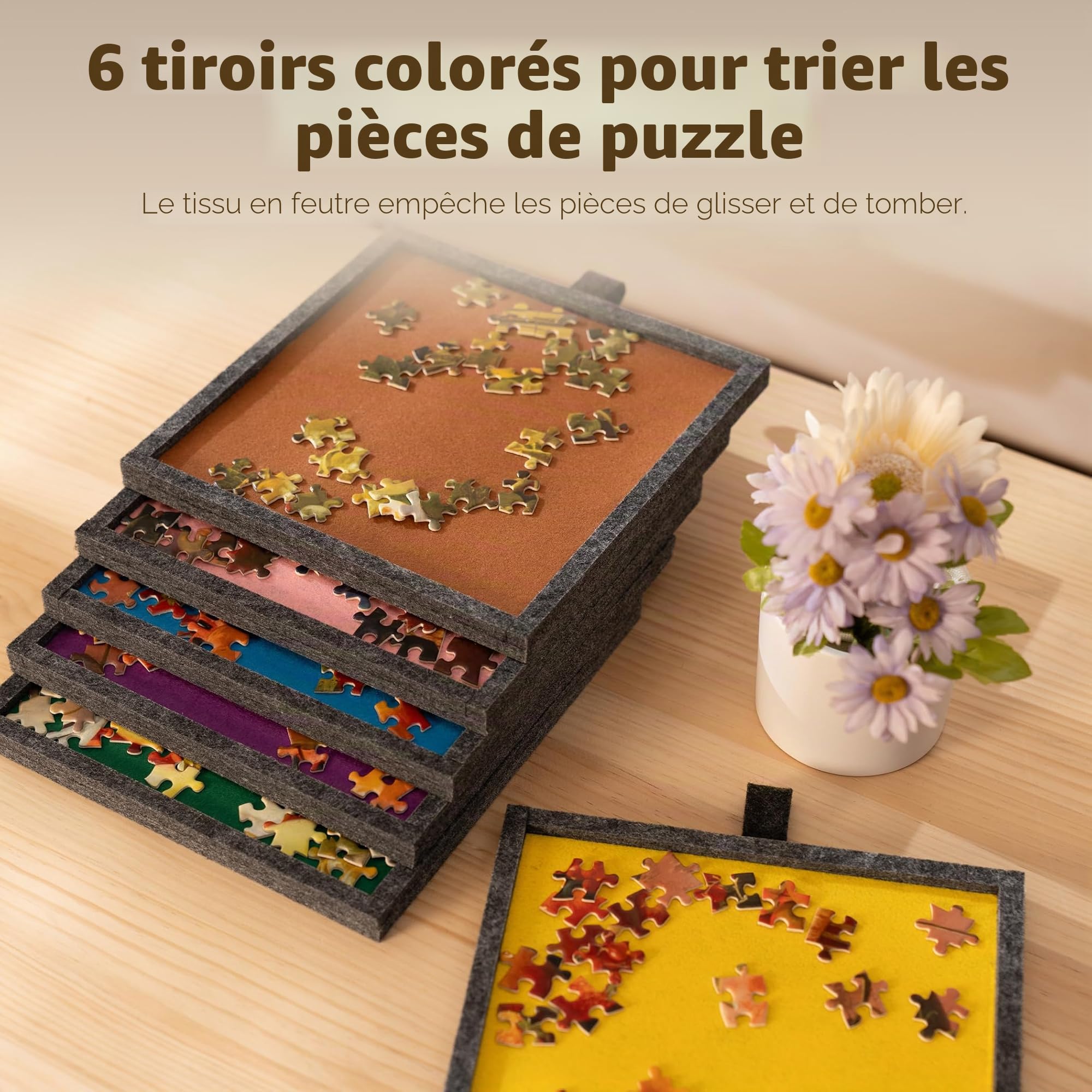 Tektalk Table de Puzzle Pliable 2000 pièces avec Couvercle, Plateau 3 Angles d'inclinaison, Planche en Feutre Super légère Portable 6 tiroirs de tri, Gris foncé