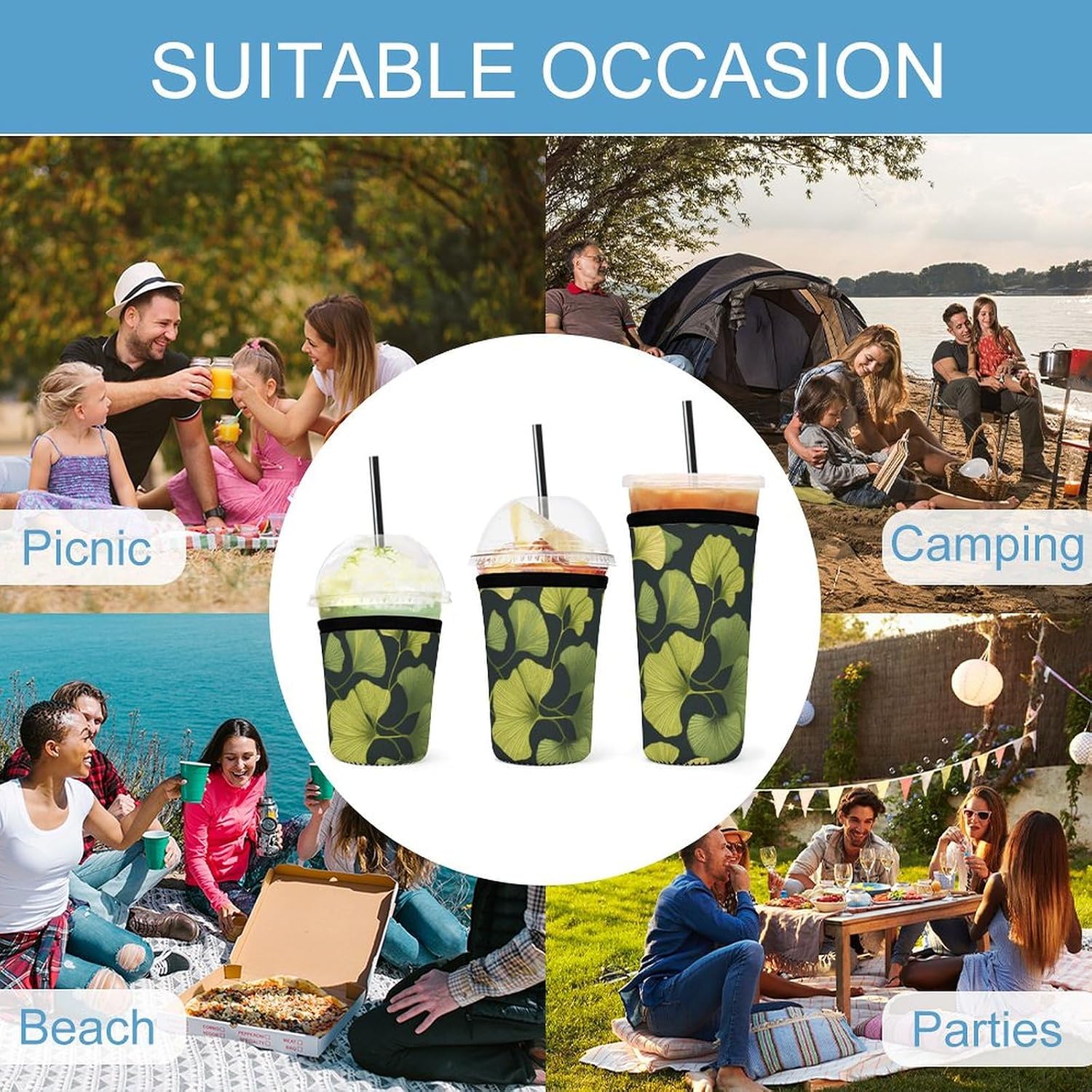 Ginkgo Biloba 3 Pack Reusable Iced Coffee Sleeves Insulates Protective Neoprene Sleeve Cups Sleeves For Iced Hot Drinks