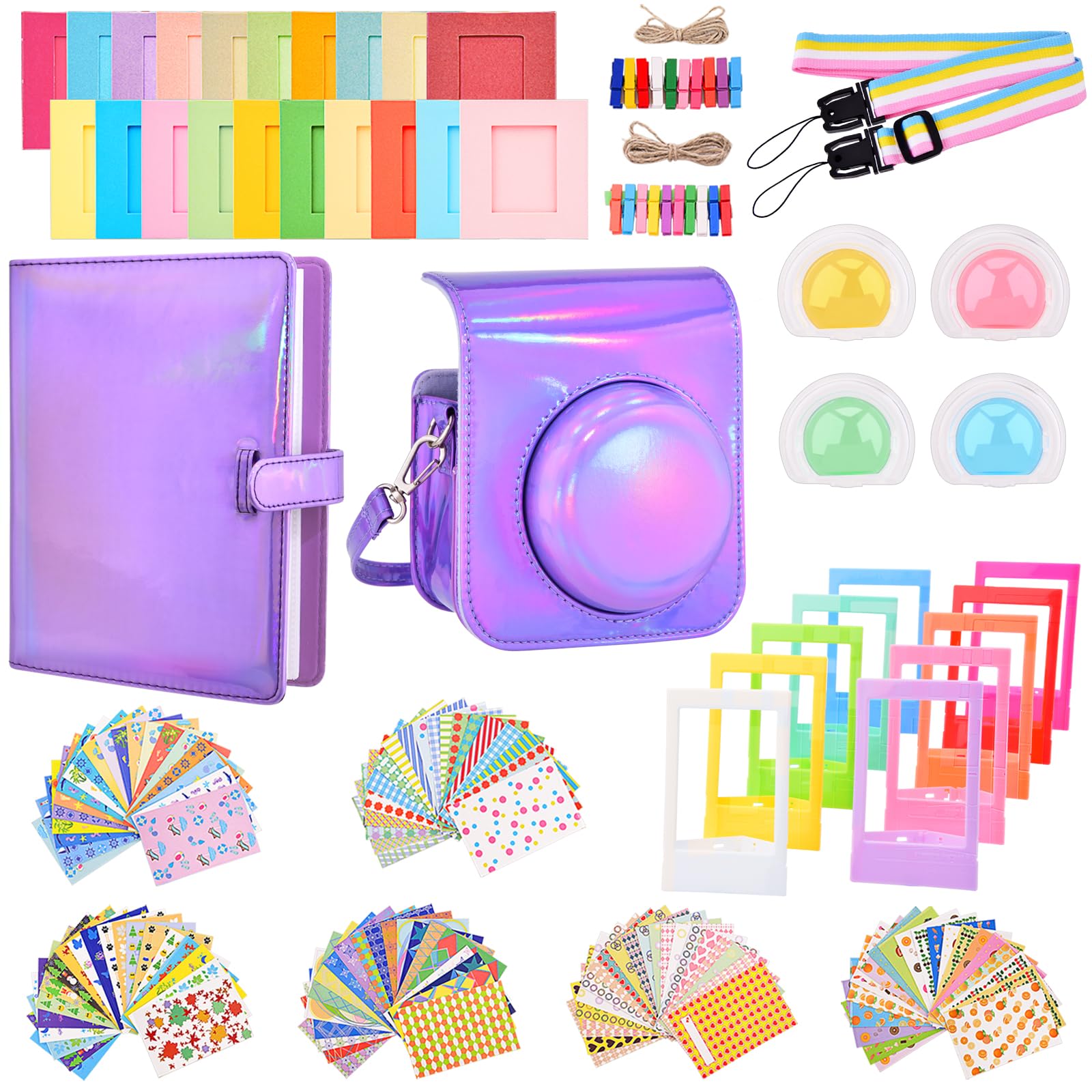Sunmns Accessories Bundle Kit Compatible with Instax Mini 12 Instant Camera, Include Case Album Stickers Photo Frames Filters Strap (Bright Purple)